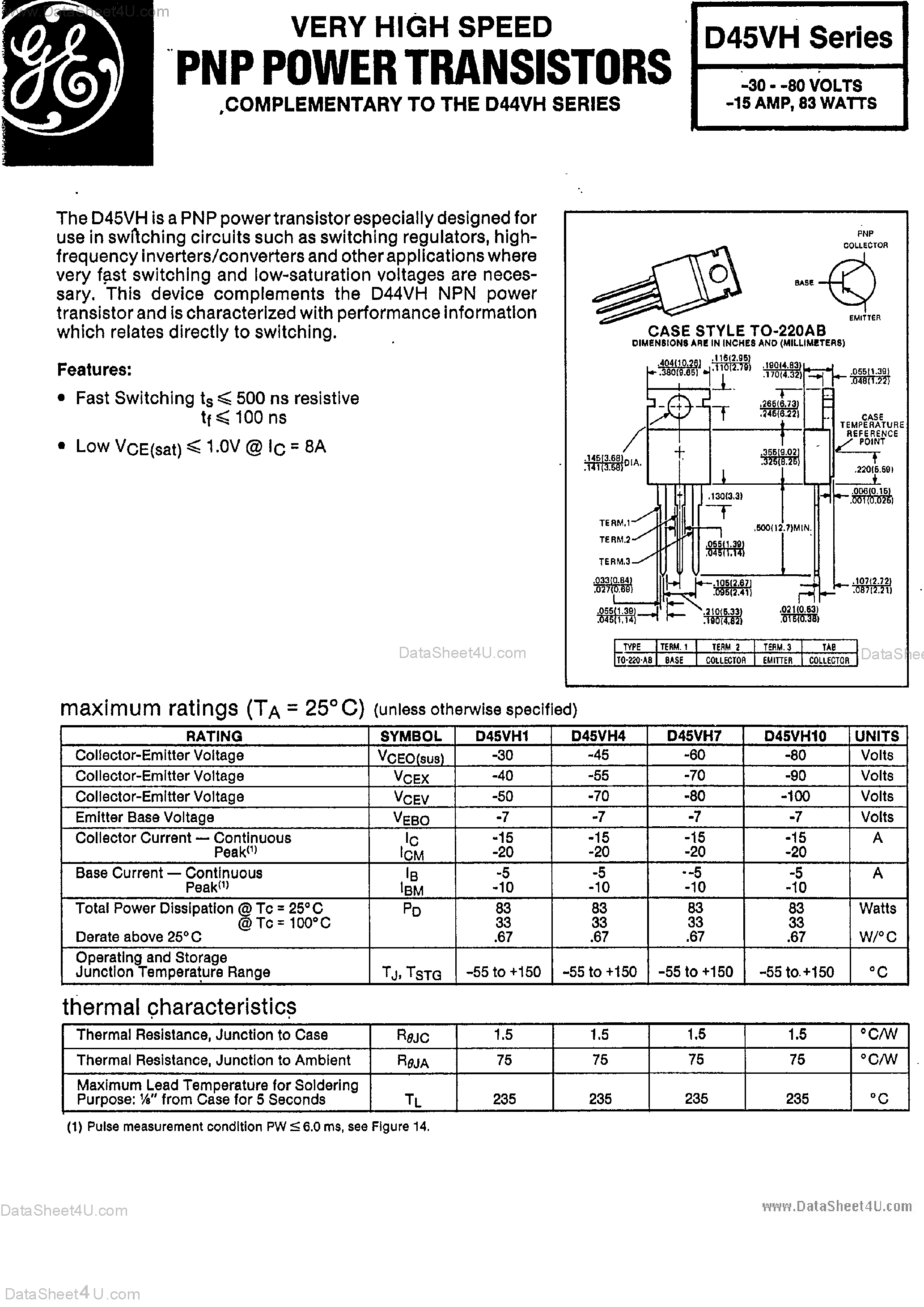 Даташит D45VH1 - (D45VH1 - D45VH10) PNP Power Transistors страница 1