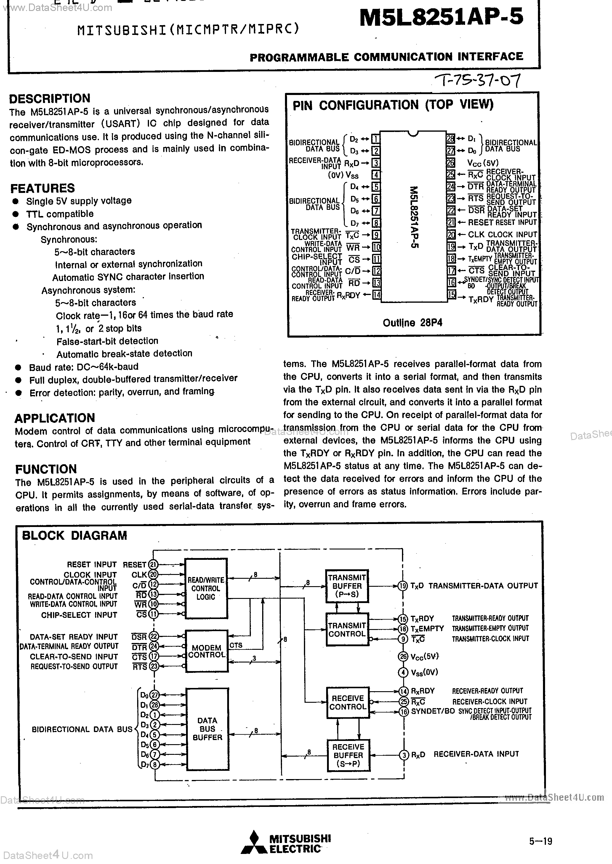 Даташит на микросхему M5L8251AP-5 страница 1 Даташит M5L8251AP-5 - Programmable Communication Interface страница 1