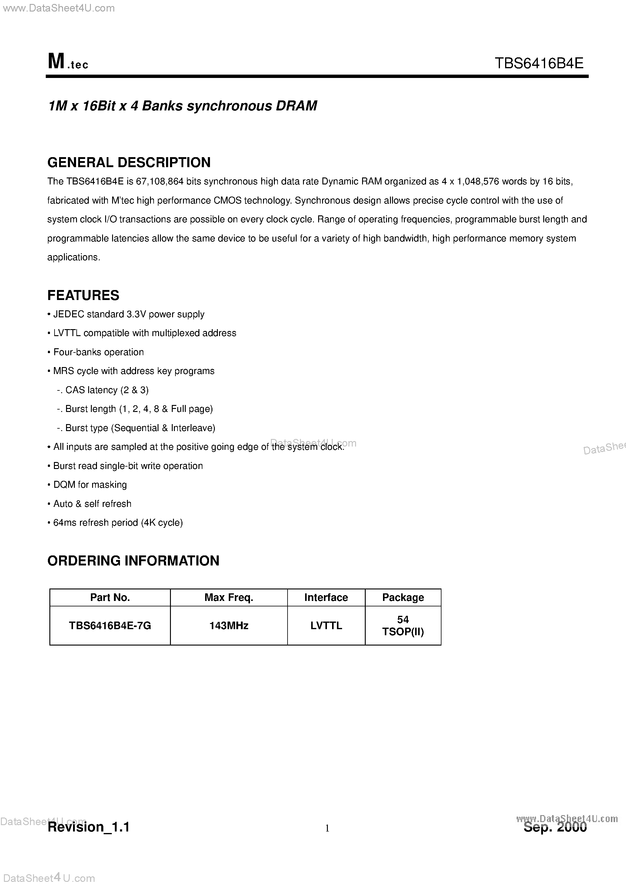 Datasheet TBS6416B4E - 1M x 16-Bit x 4-Banks SDRAM page 1
