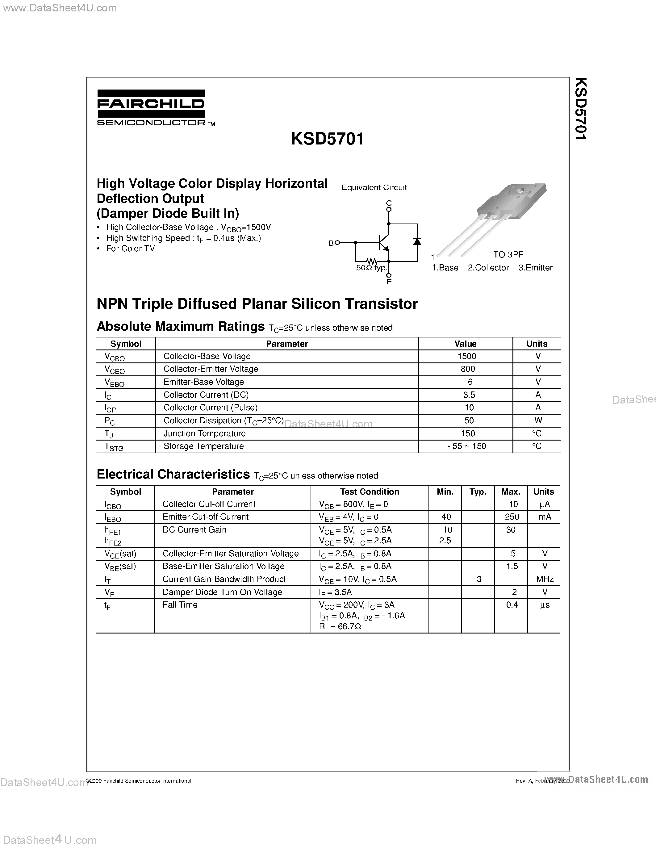 Даташит KSD5701 - High Voltage Color Display Horizontal Deflection Output страница 1