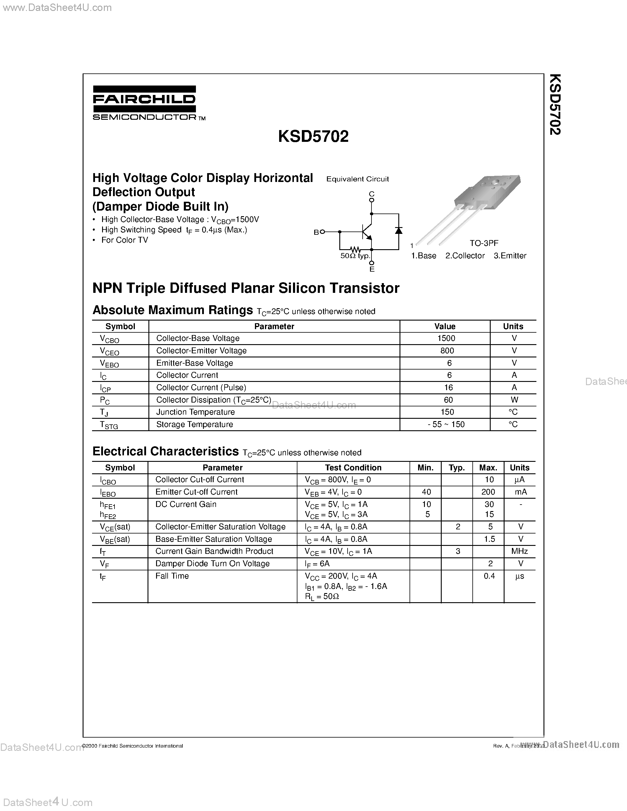 Даташит KSD5702 - High Voltage Color Display Horizontal Deflection Output страница 1