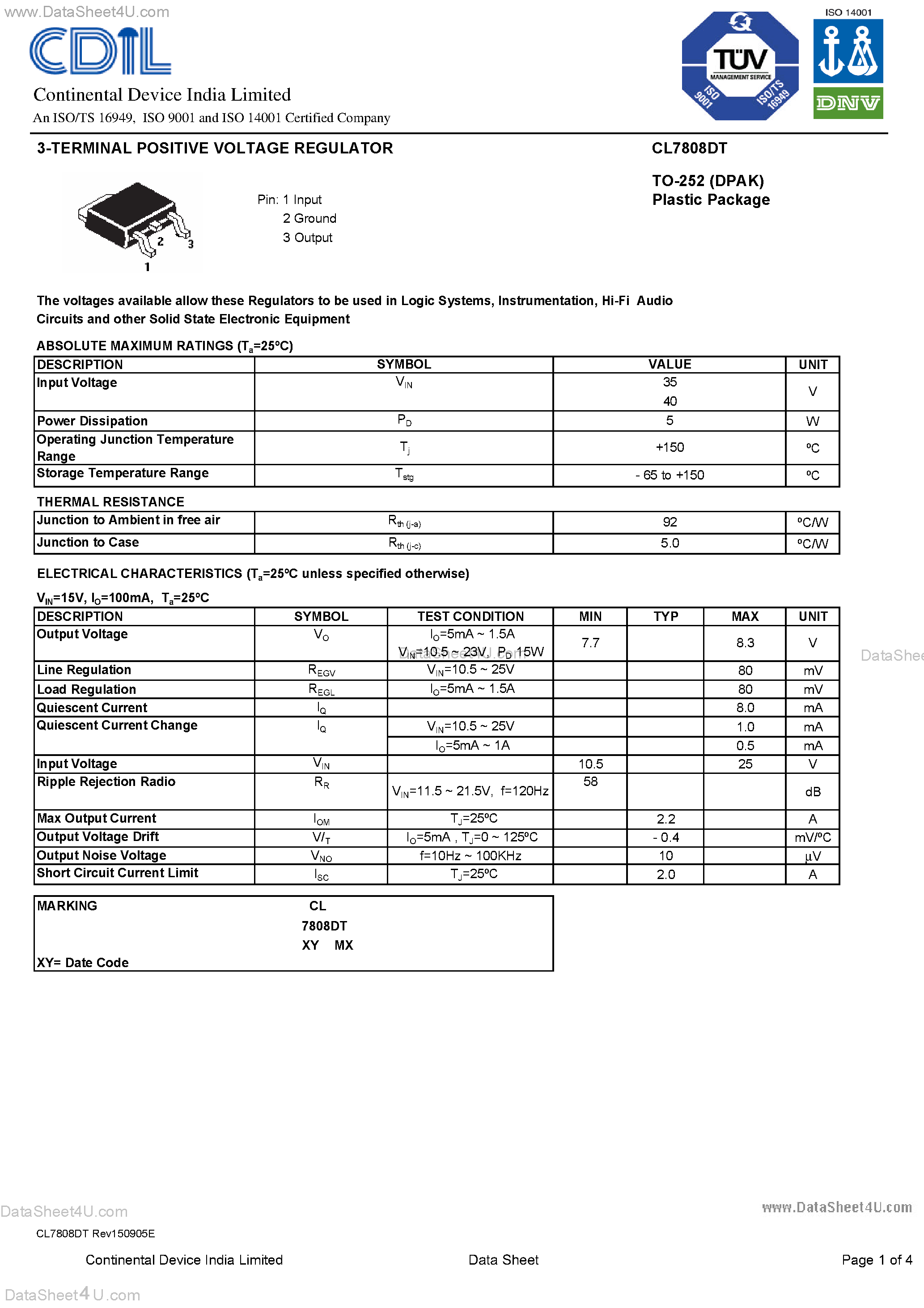 Datasheet CL7808DT - 3-TERMINAL POSITIVE VOLTAGE REGULATOR page 1