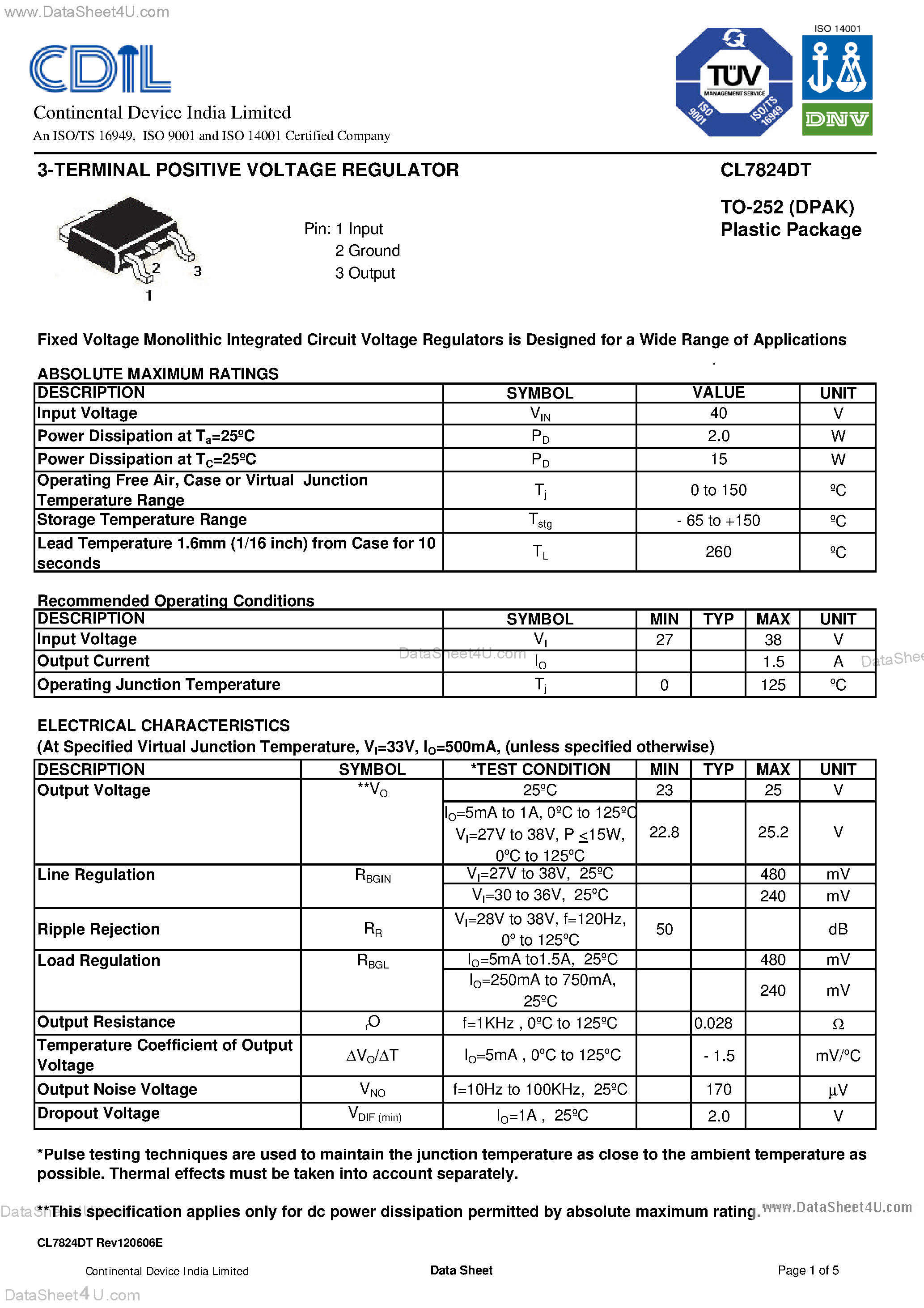 Datasheet CL7824DT page 1 Datasheet CL7824DT - 3-TERMINAL POSITIVE VOLTAGE REGULATOR page 1