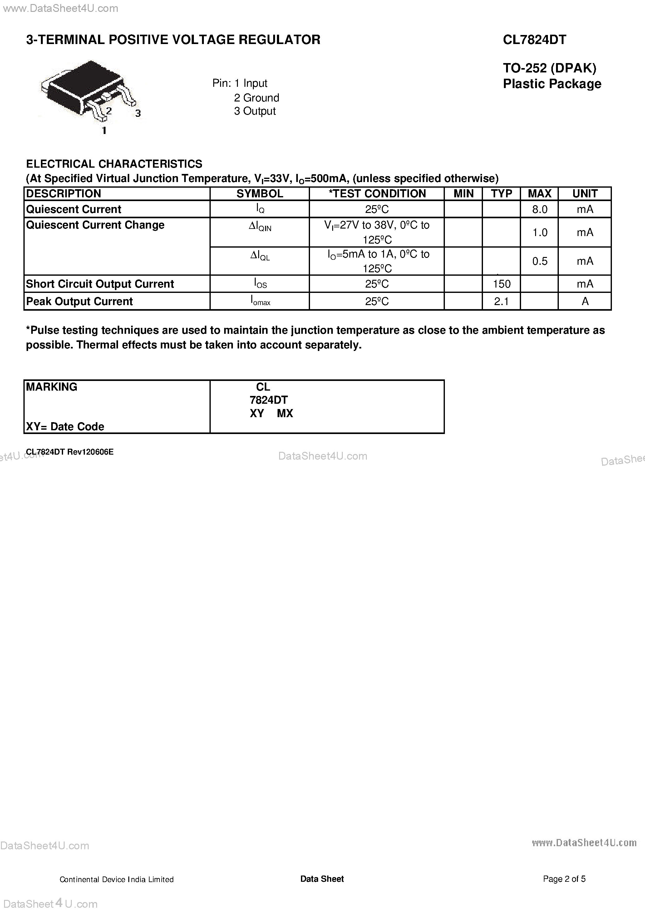 Datasheet CL7824DT page 2 Datasheet CL7824DT - 3-TERMINAL POSITIVE VOLTAGE REGULATOR page 2