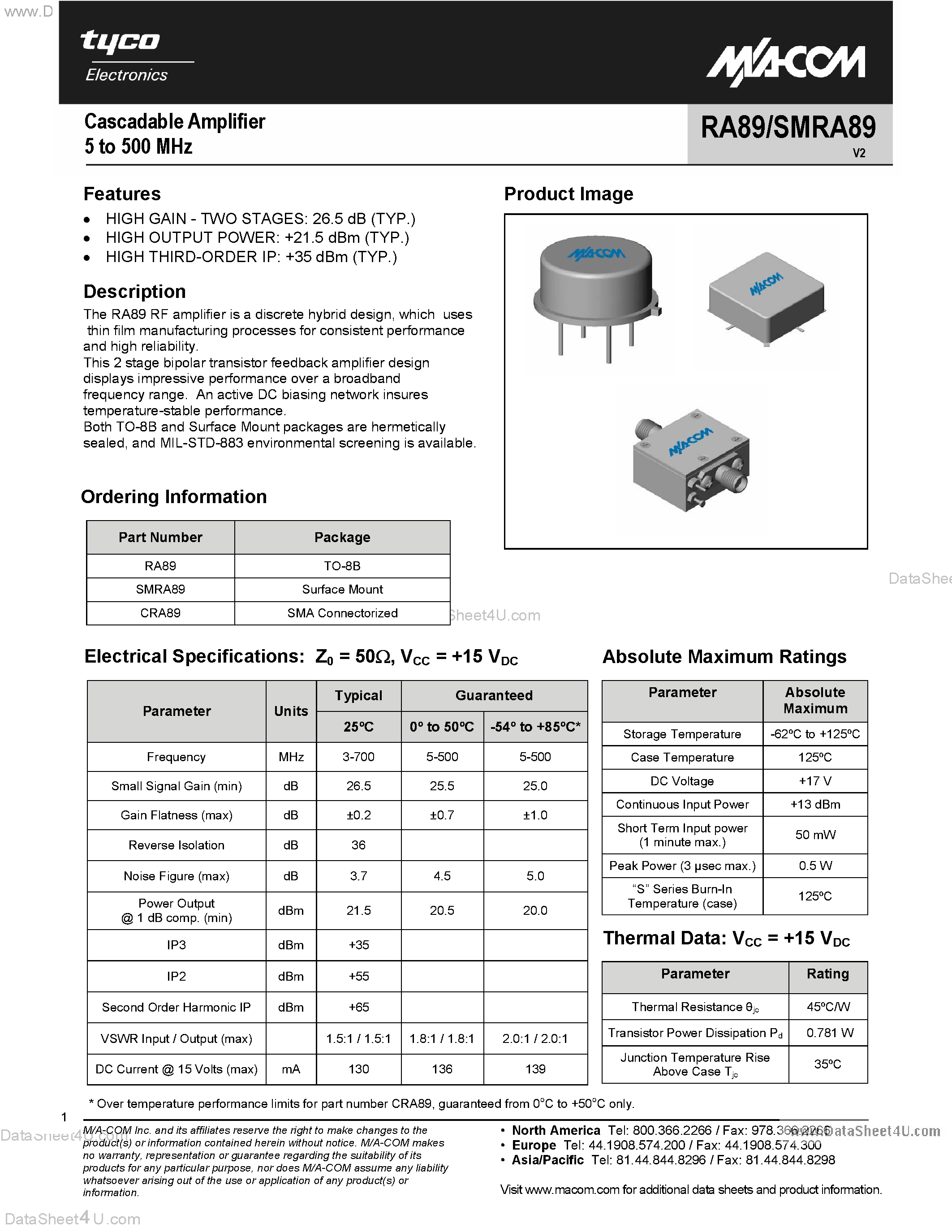Datasheet RA89 - Cascadable Amplifier 5 to 500 MHz page 1