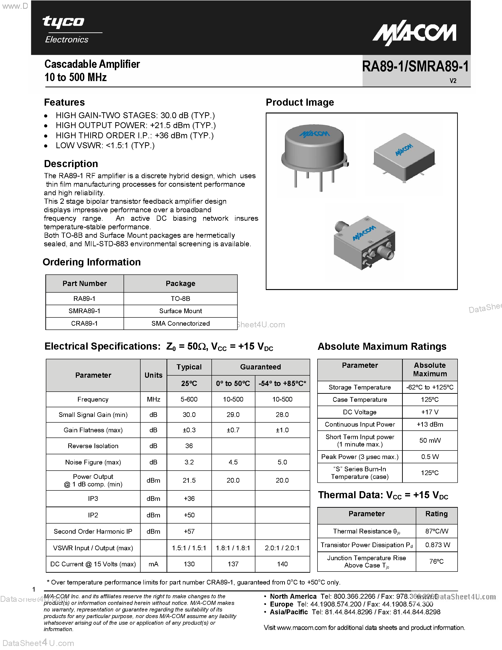 Datasheet RA89-1 page 1 Datasheet RA89-1 - Cascadable Amplifier 10 to 500 MHz page 1