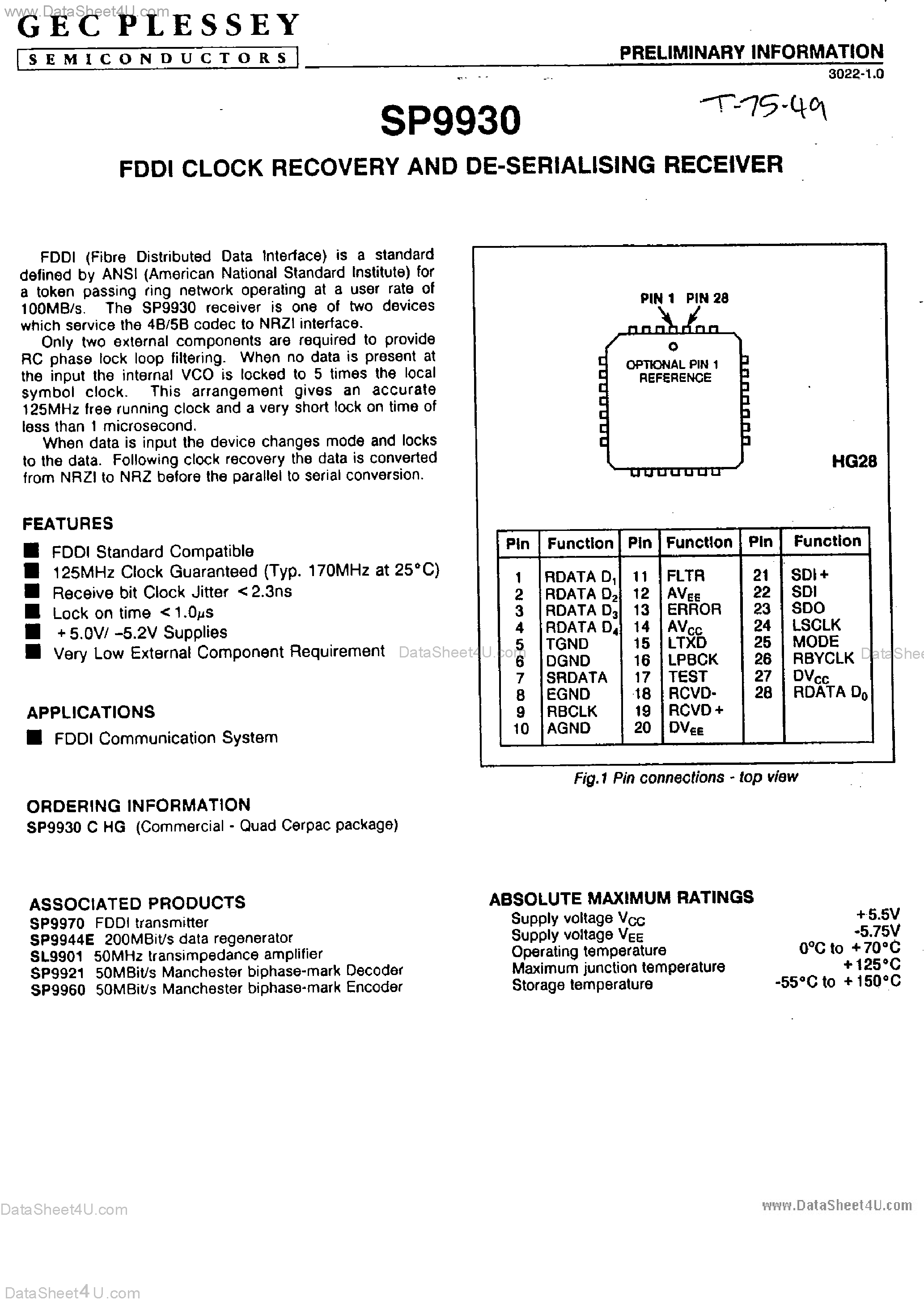Даташит SP9930 - FDDI Clock Recovert and De-Serialising Receiver страница 1