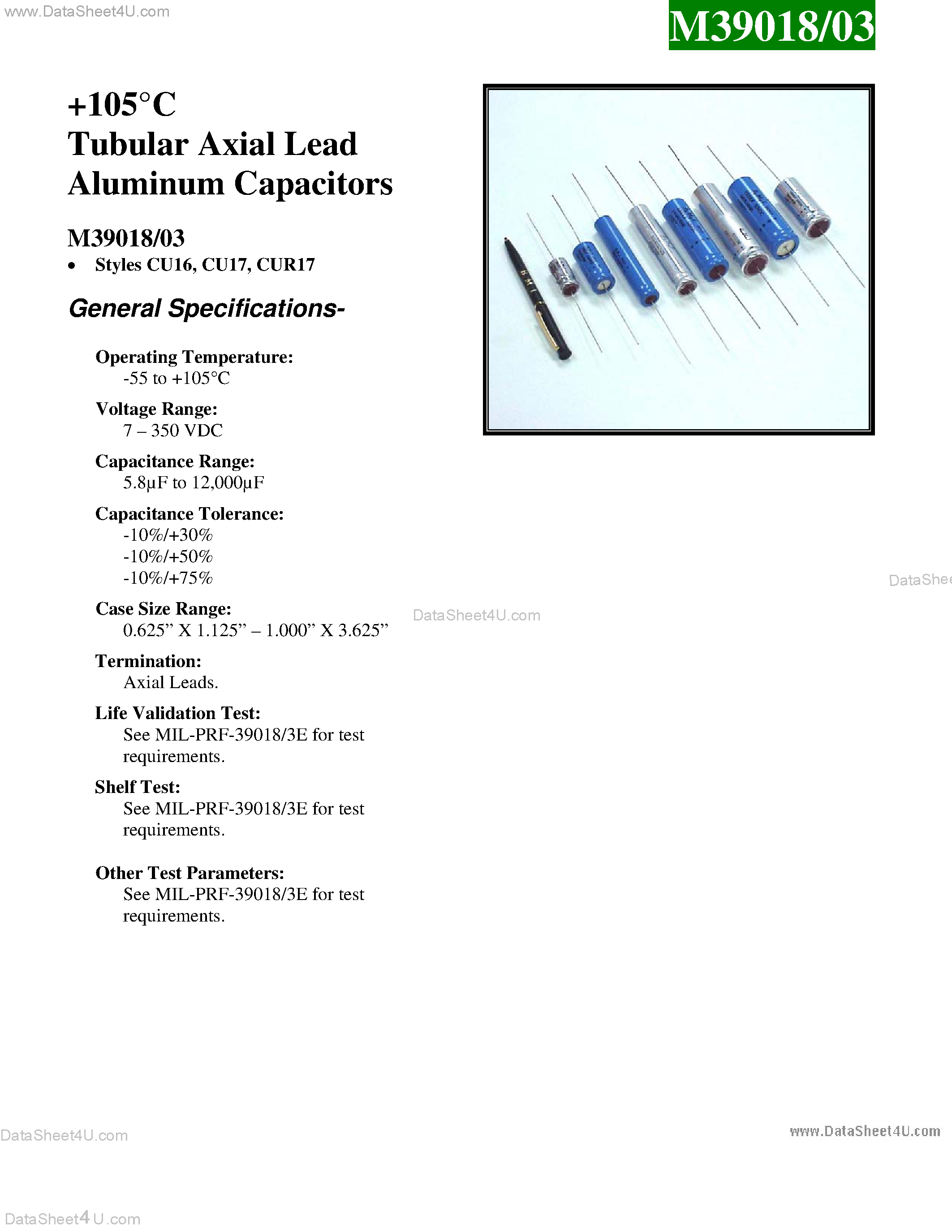 Datasheet M39018-03 - Tubular Axial Lead Aluminum Capacitors page 1