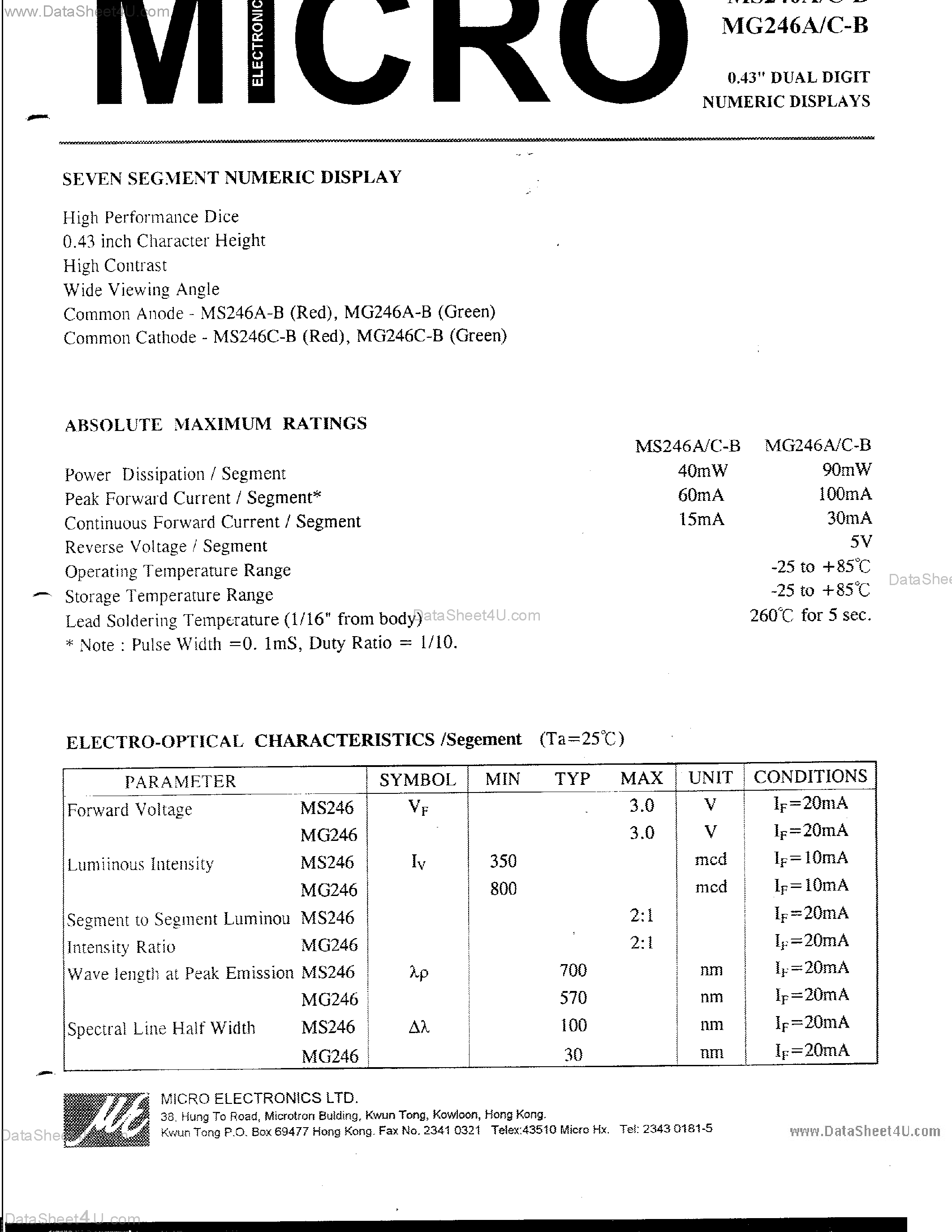 Datasheet MS246A - 0.43 DUAL DIGIT NUMERIC DISPLAYS page 1