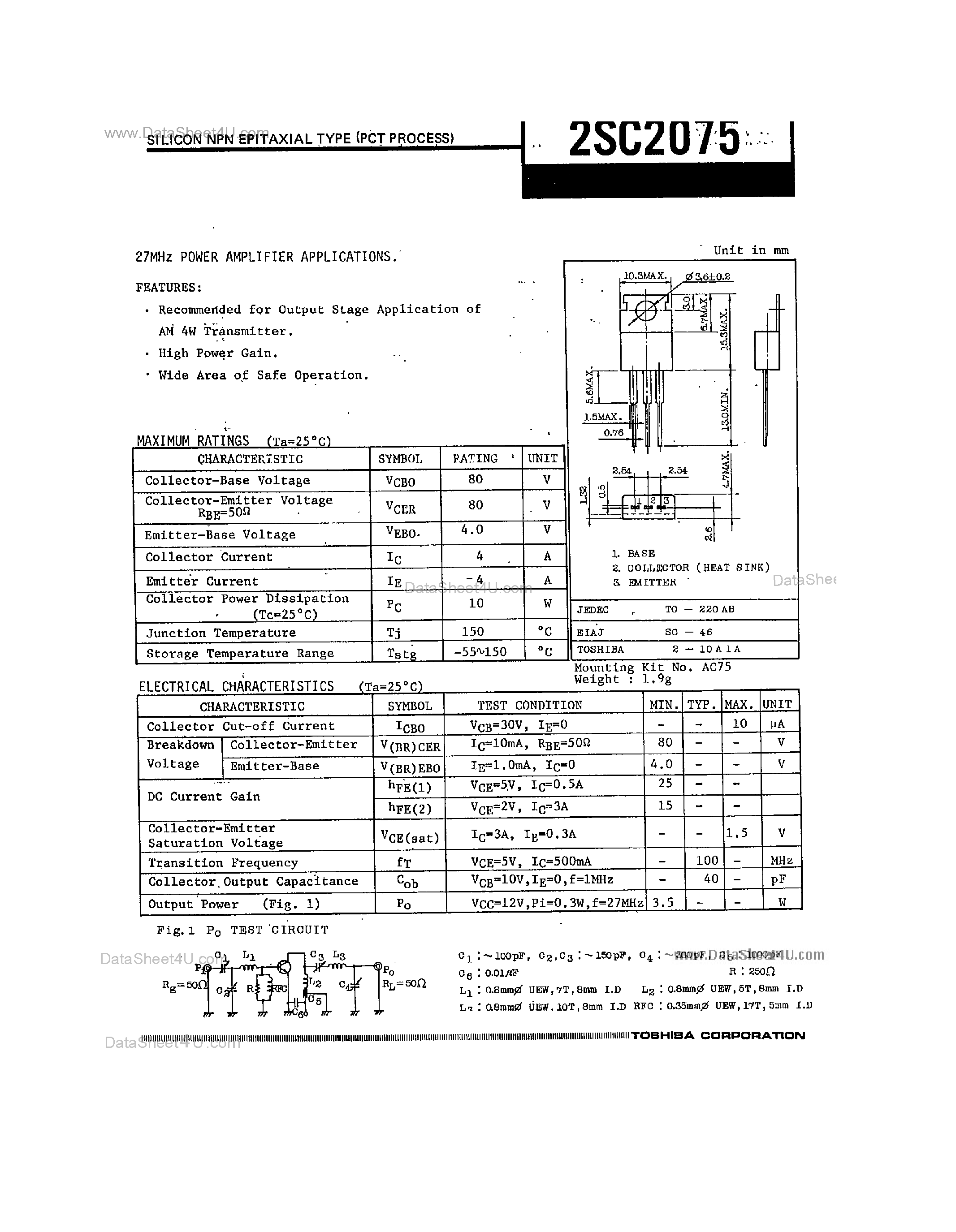 Datasheet 2SC2075 page 1 Datasheet 2SC2075 - Silicon NPN Epitaxial Type page 1