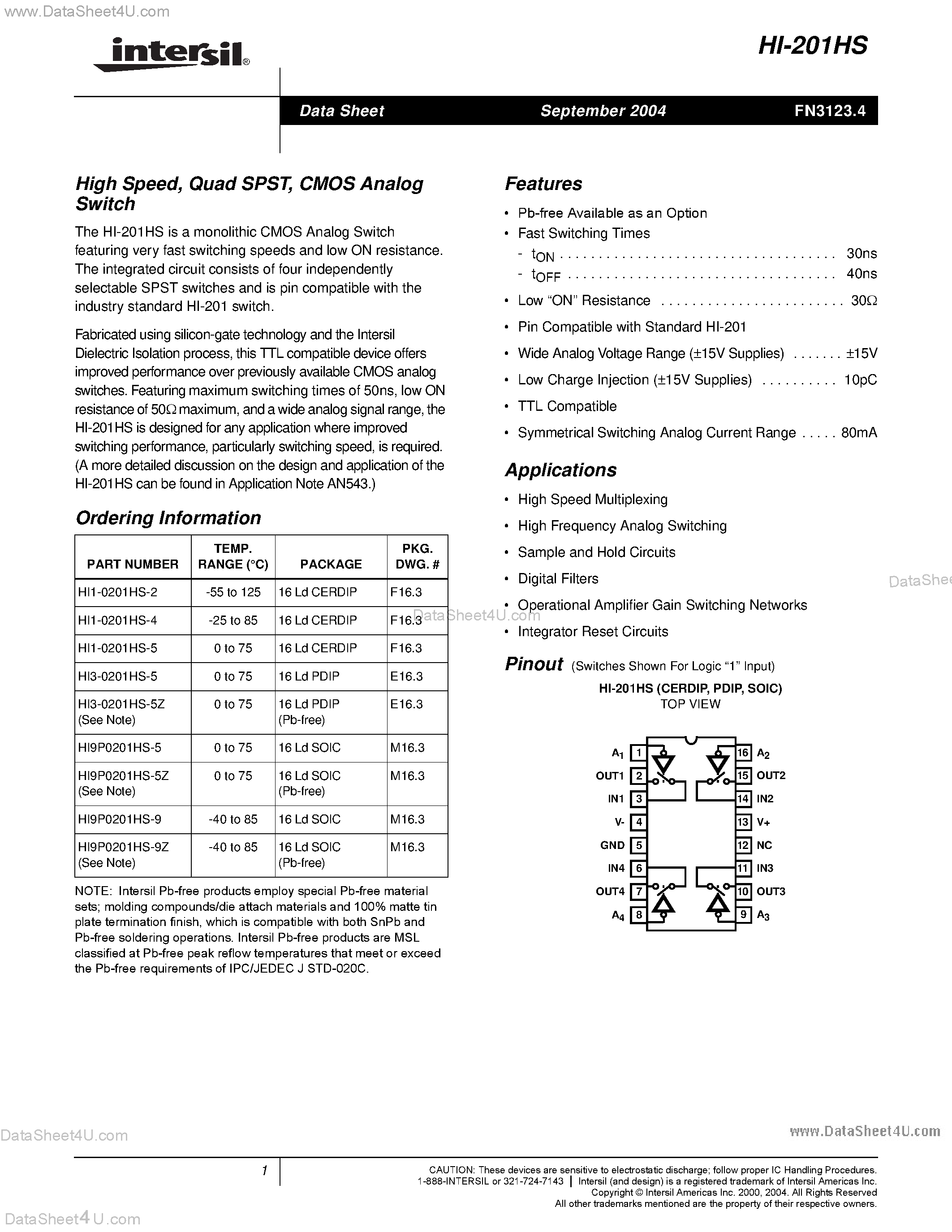 Datasheet HI9P-0201HS - High Speed Quad SPST CMOS Analog Switch page 1