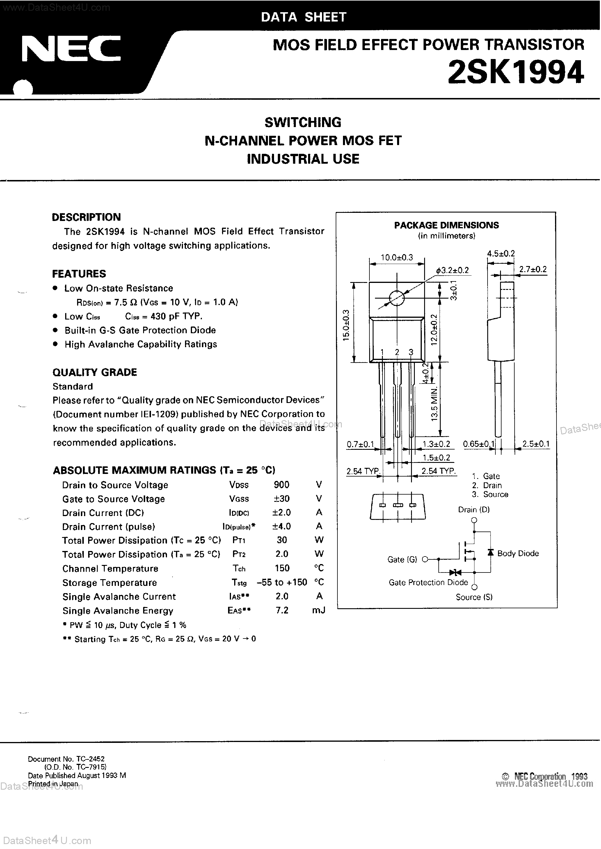 Datasheet 2SK1994 page 1 Datasheet 2SK1994 - MOS Field Effect Power Transistor page 1
