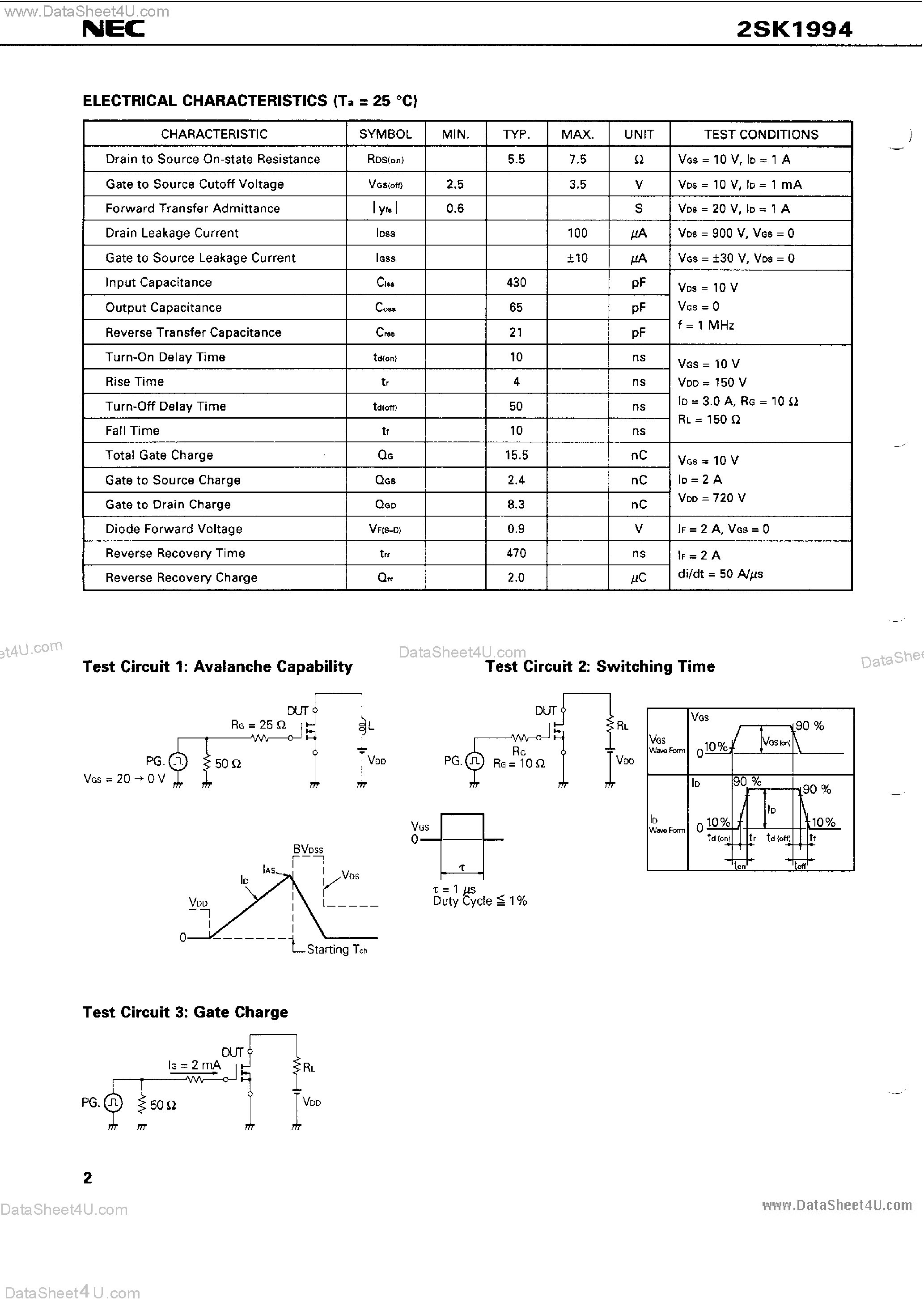 Datasheet 2SK1994 page 2 Datasheet 2SK1994 - MOS Field Effect Power Transistor page 2