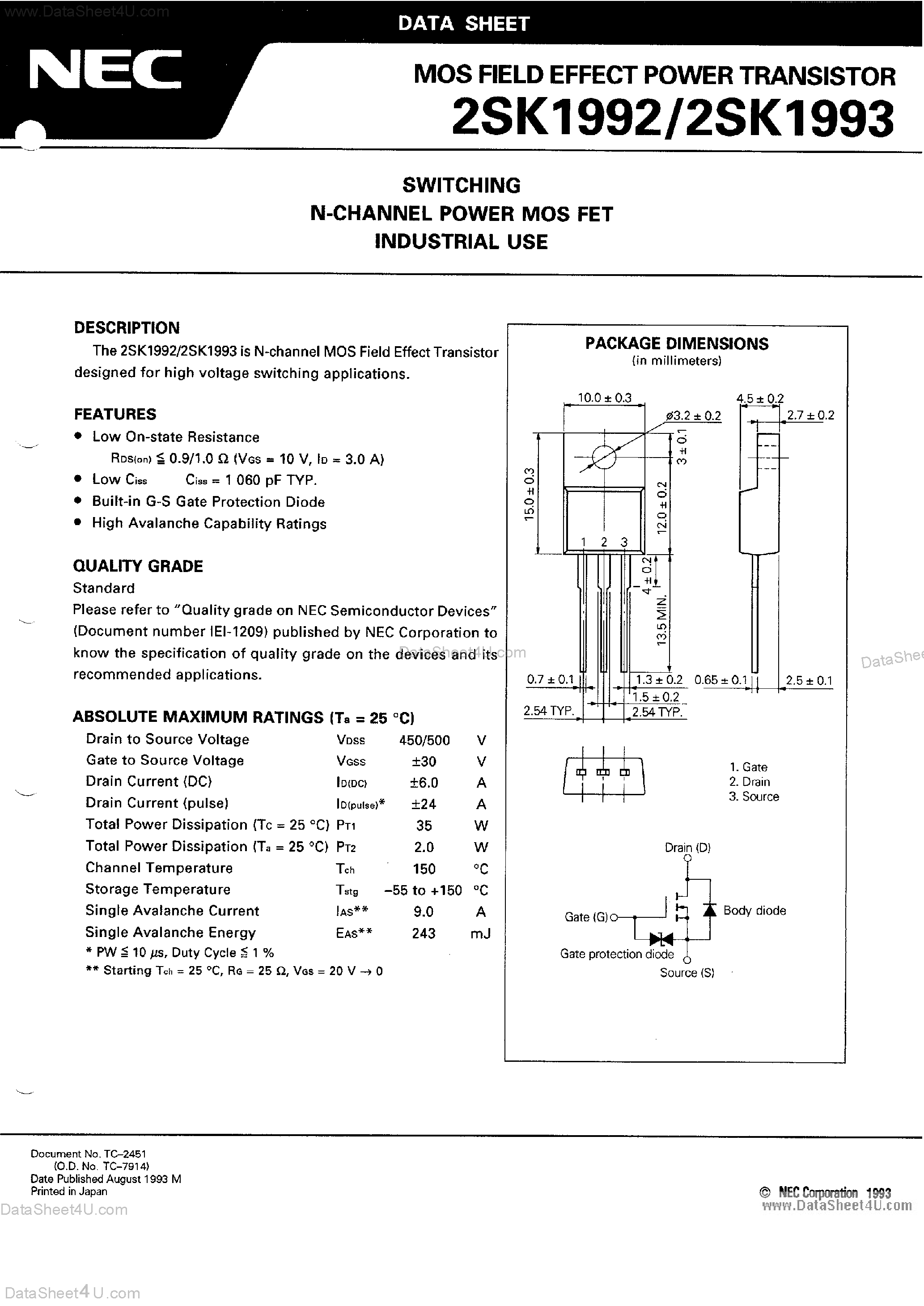 Даташит 2SK1992 - (2SK1992 / 2SK1993) MOS Field Effect Power Transistor страница 1