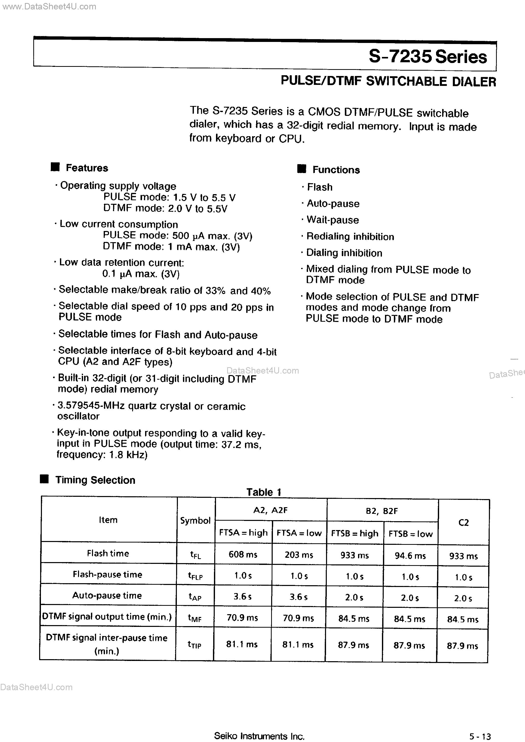 Datasheet S-7235 - Pulse / DTMF Switchable Dialer page 1