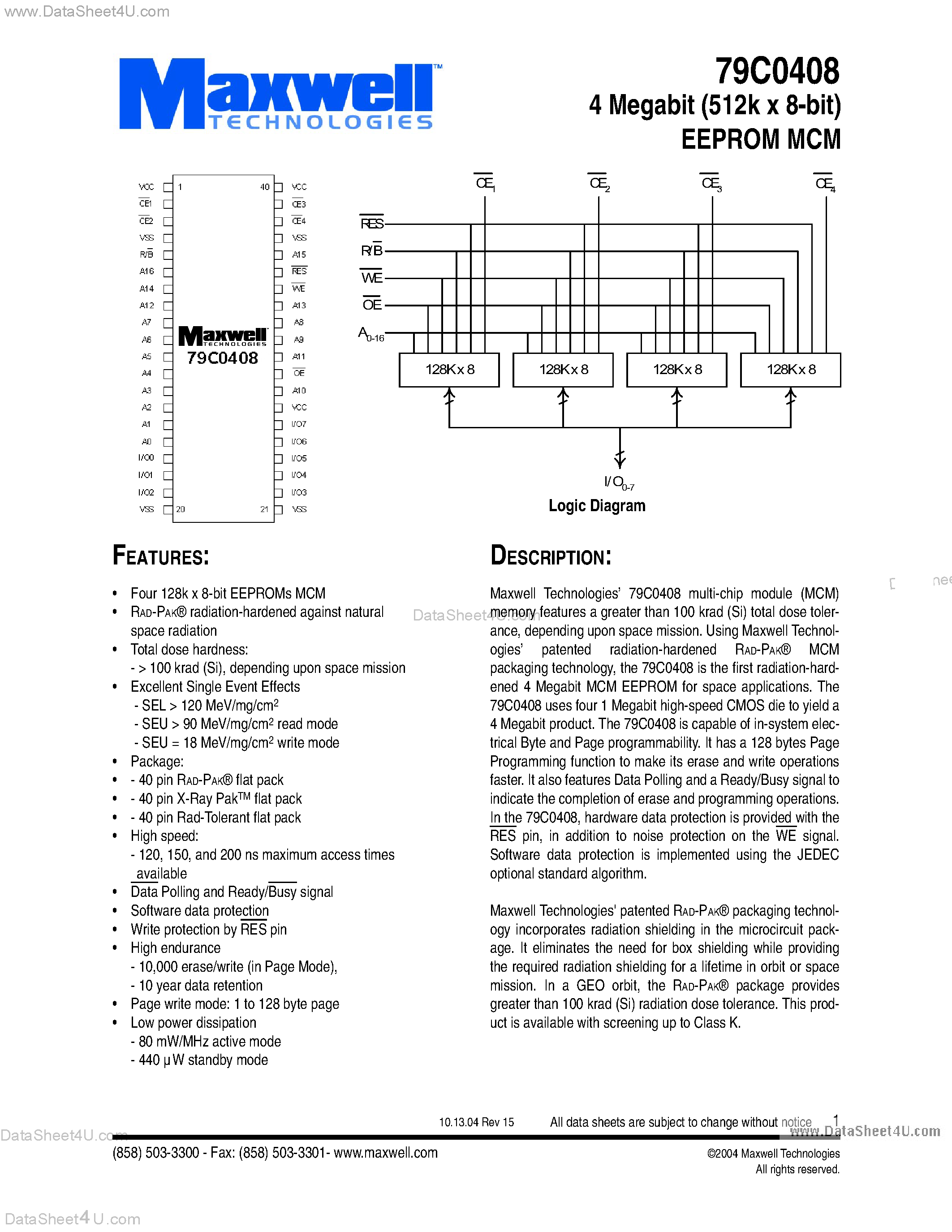Datasheet 79C0408 - 4 Megabit (512k x 8-bit) EEPROM MCM page 1