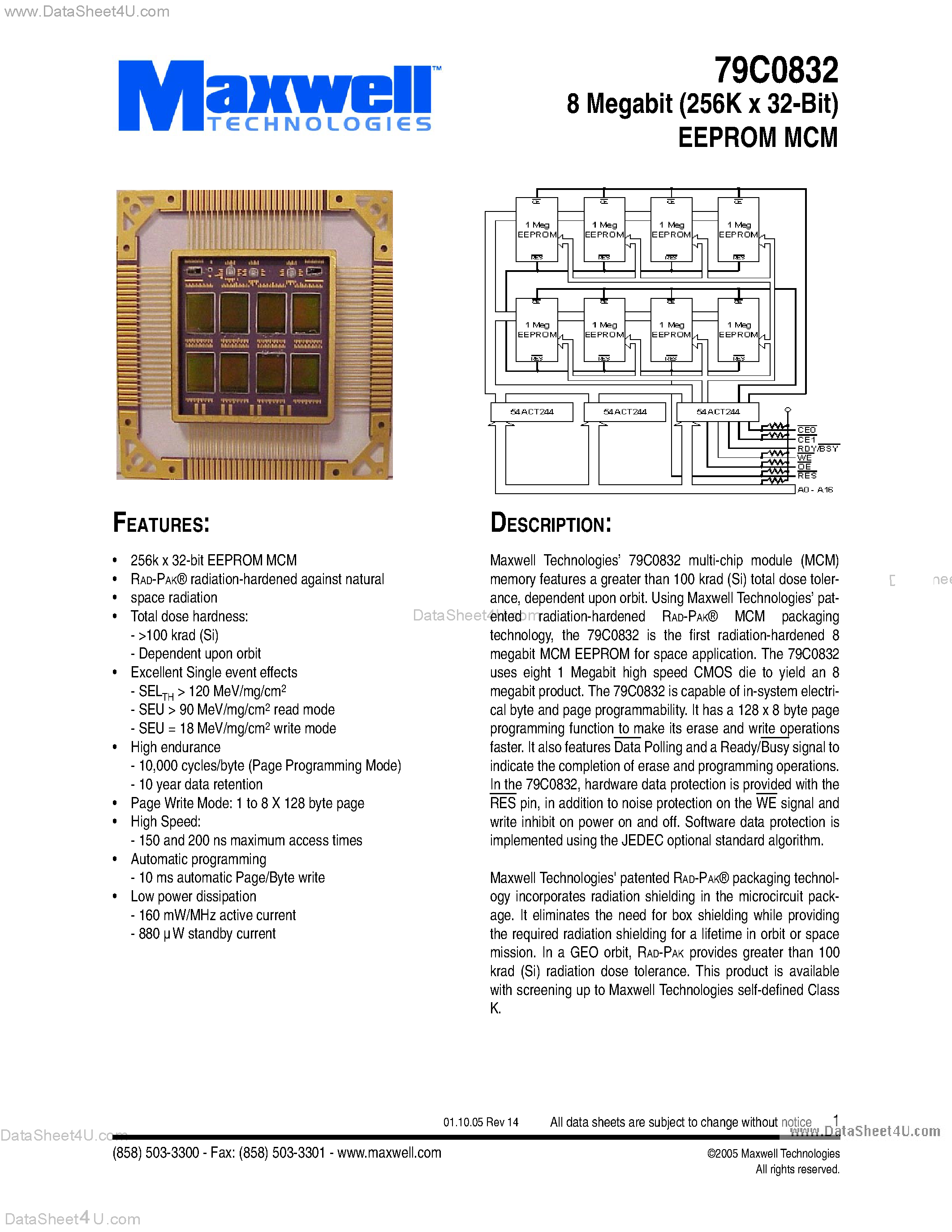 Datasheet 79C0832 - 8 Megabit (256K x 32-Bit) EEPROM MCM page 1