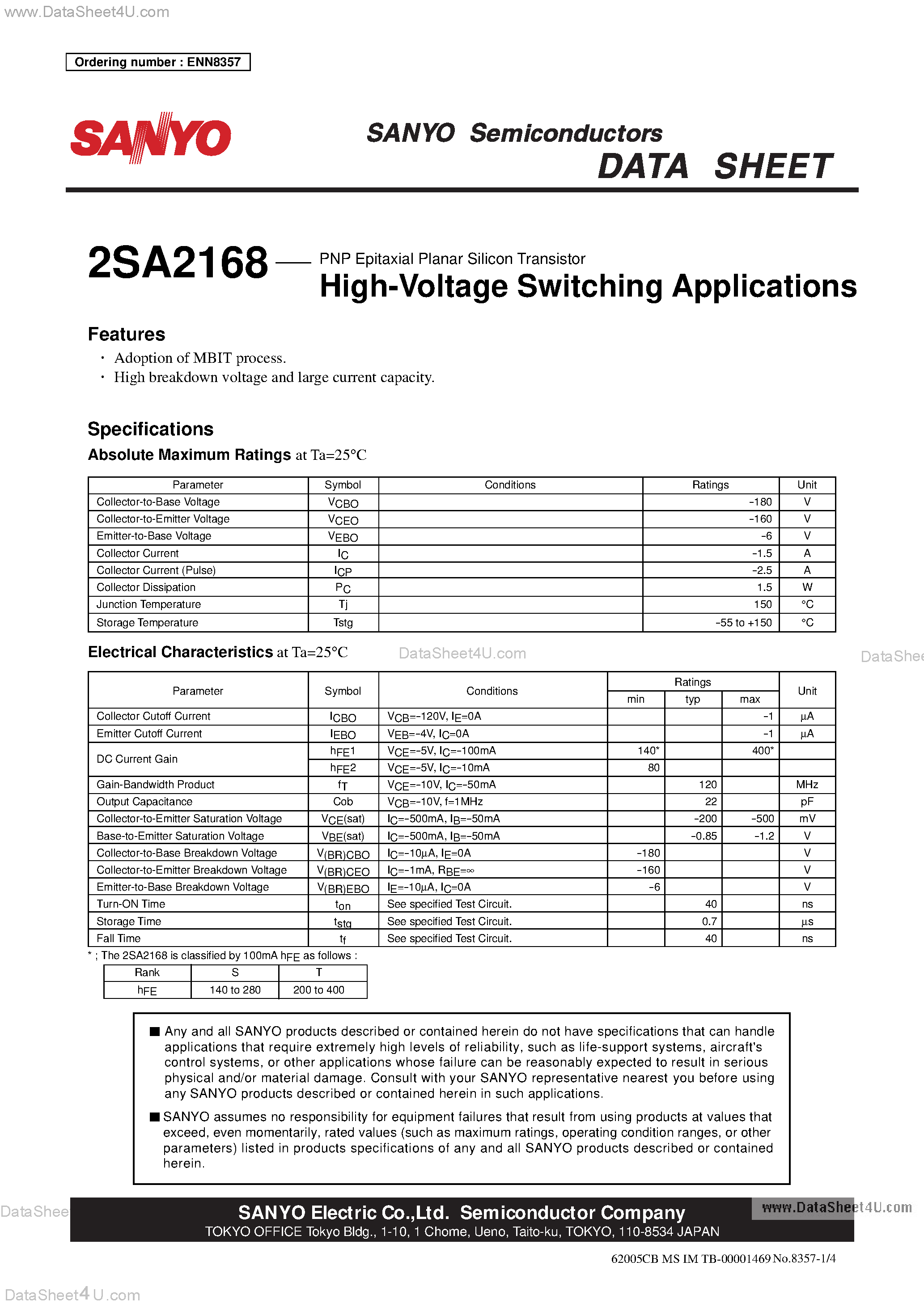 Datasheet 2SA2168 - High Voltage Switching Applications page 1