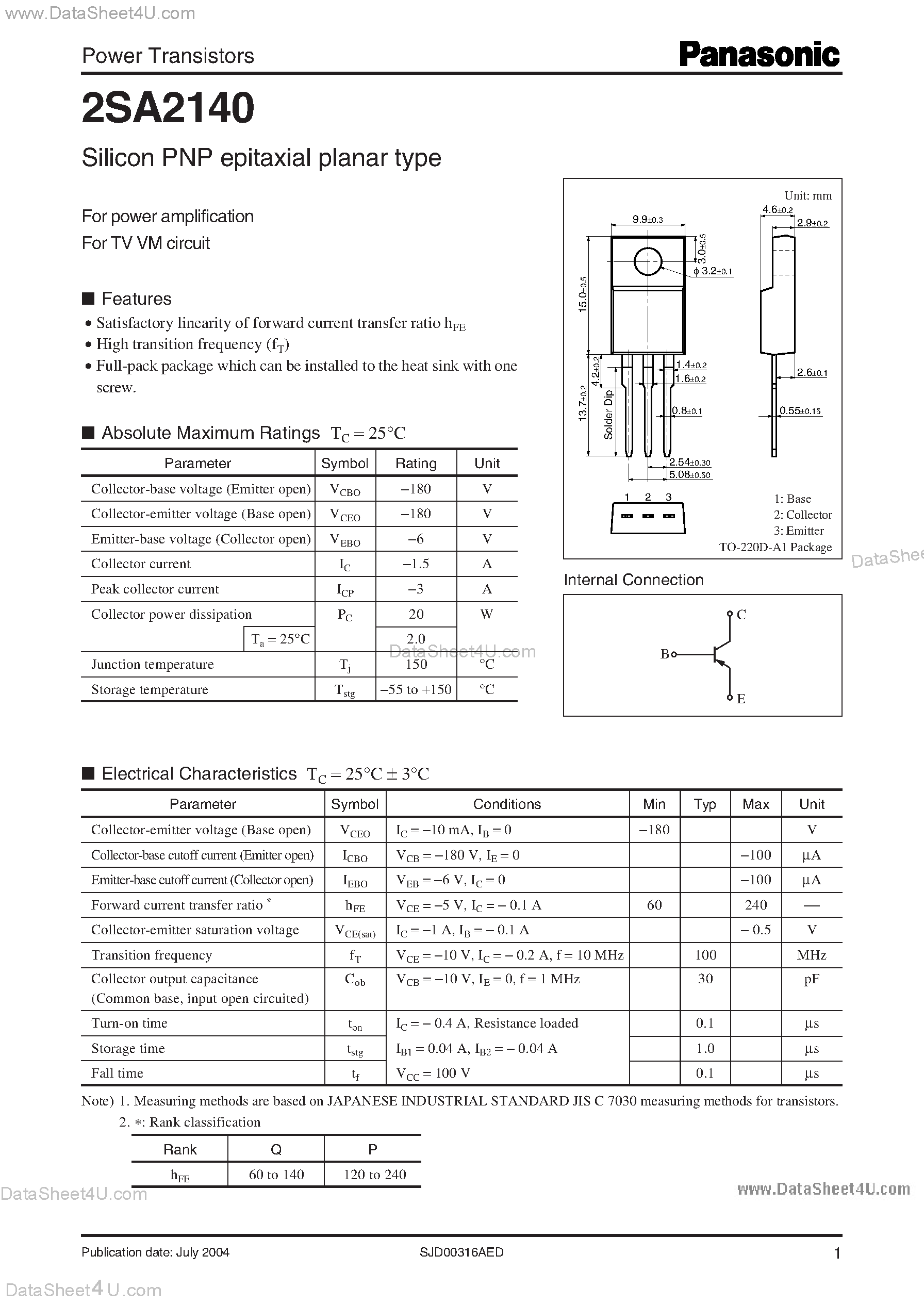 Datasheet 2SA2140 page 1 Datasheet 2SA2140 - Silicon PNP epitaxial planar type page 1