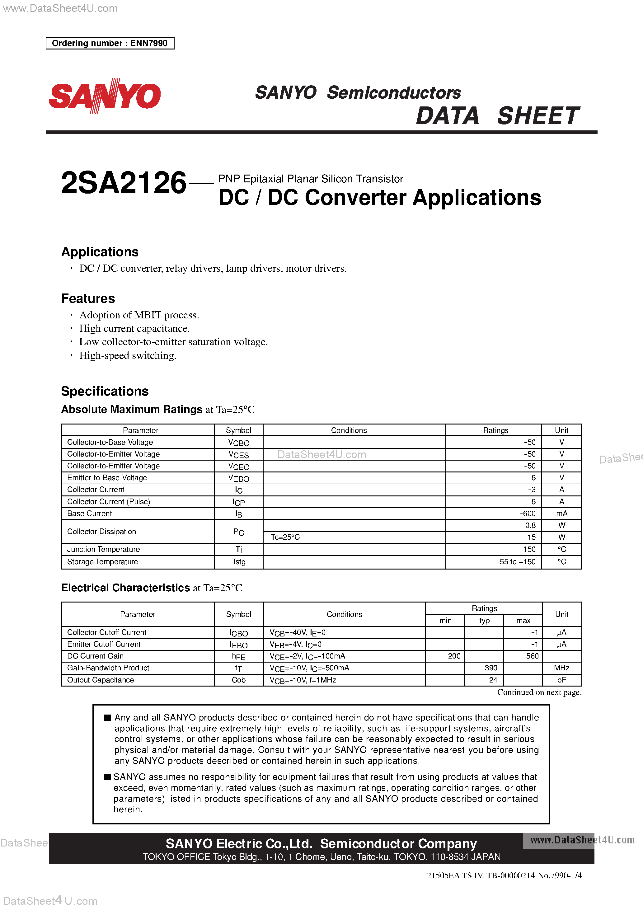 Datasheet 2SA2126 - PNP Epitaxial Planar Silicon Transistor DC / DC Converter Applications page 1