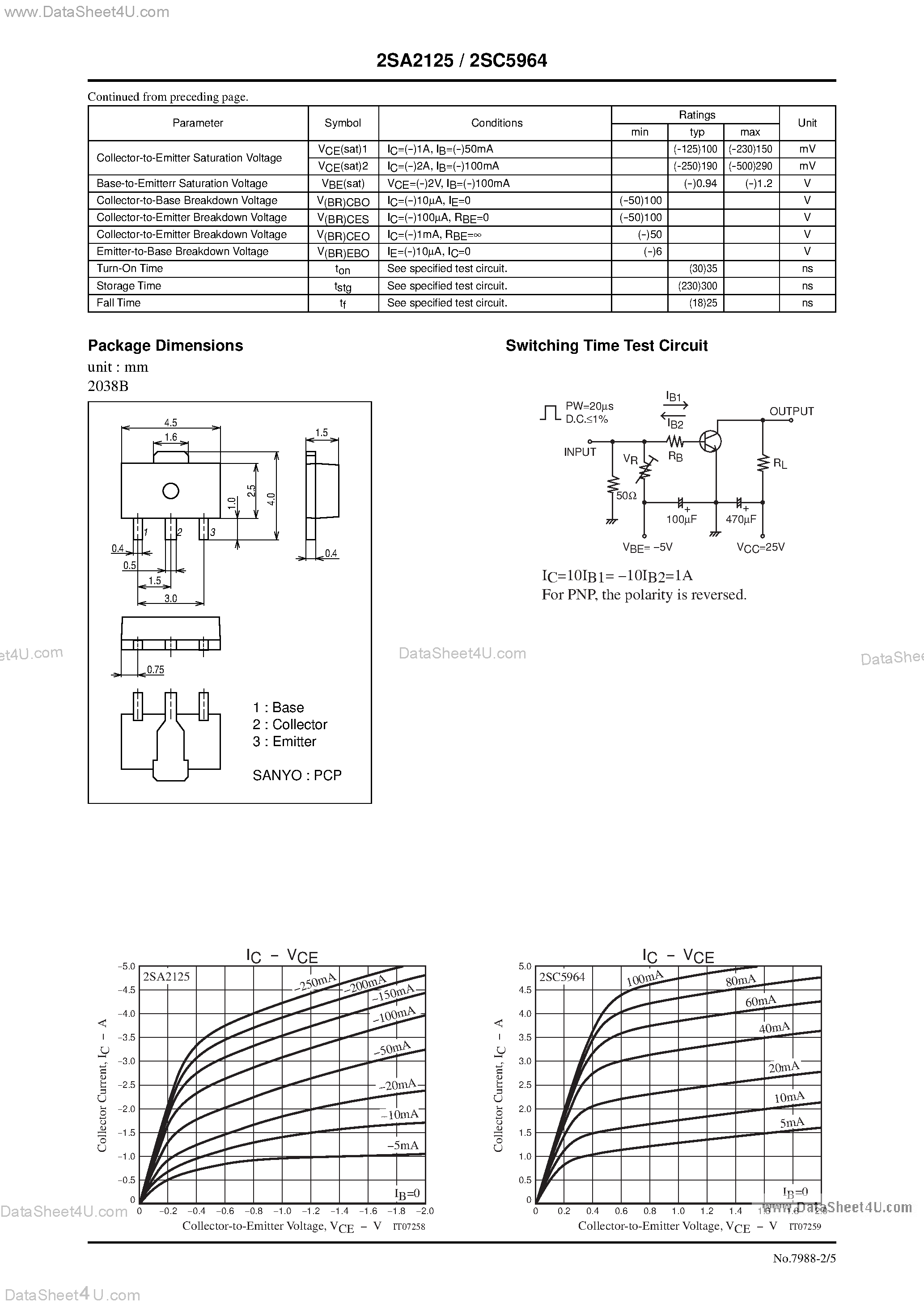 Datasheet 2SA2125 - PNP / NPN Epitaxial Planar Silicon Transistors DC / DC Converter Applications page 2