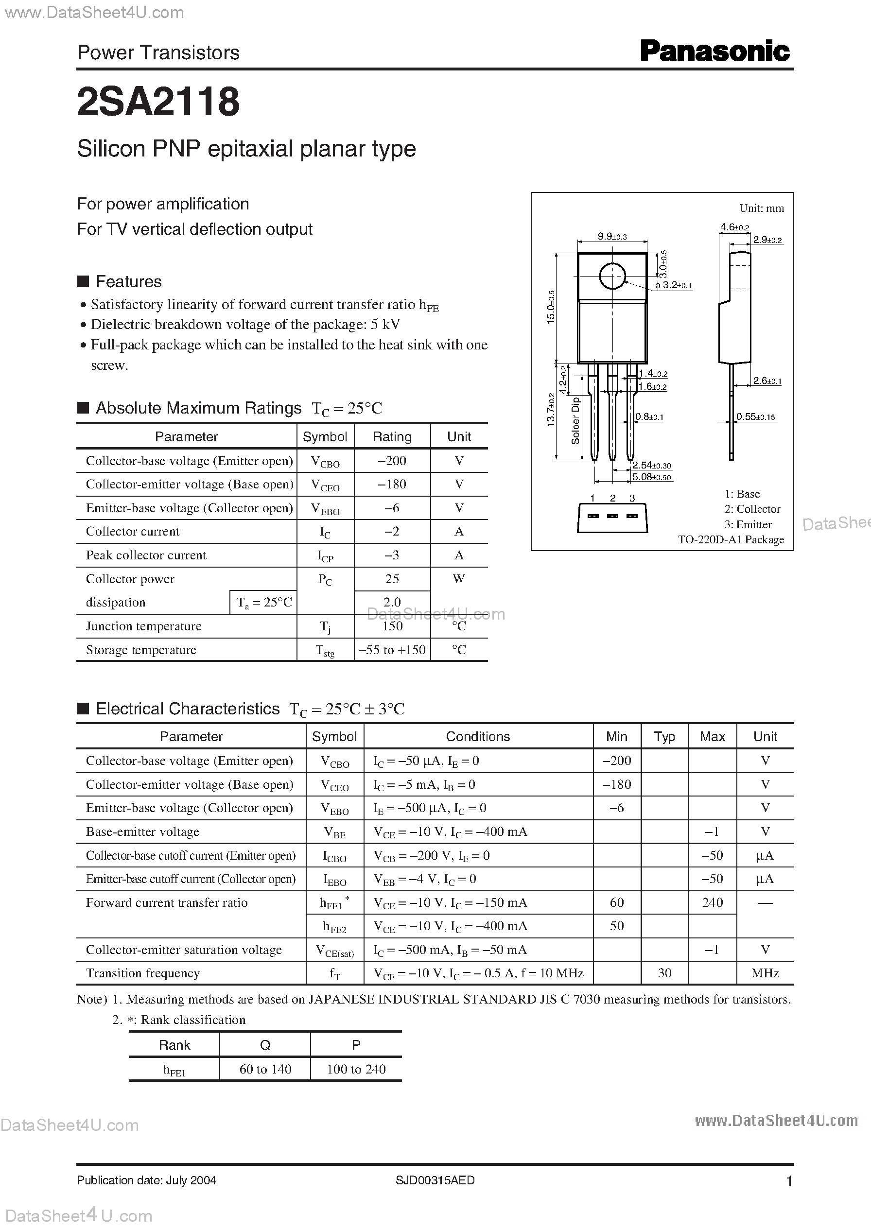 Datasheet 2SA2118 page 1 Datasheet 2SA2118 - Power Transistors Silicon PNP epitaxial planar type page 1