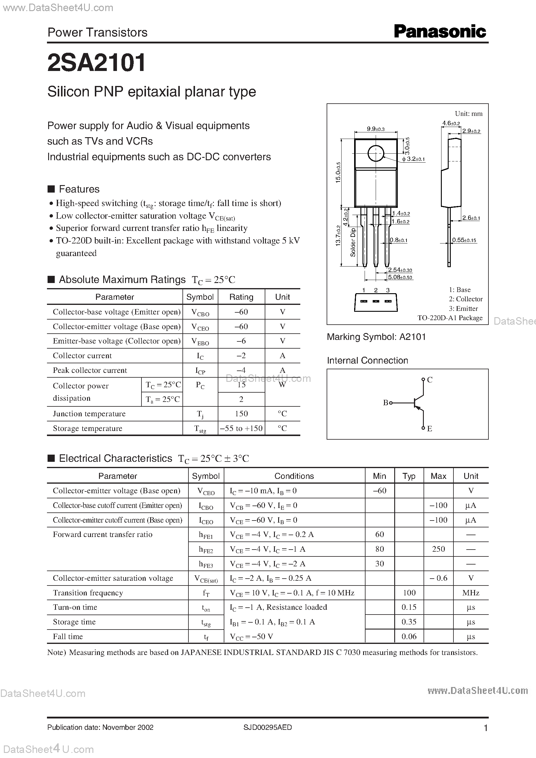 Datasheet 2SA2101 - Silicon PNP epitaxial planar type page 1