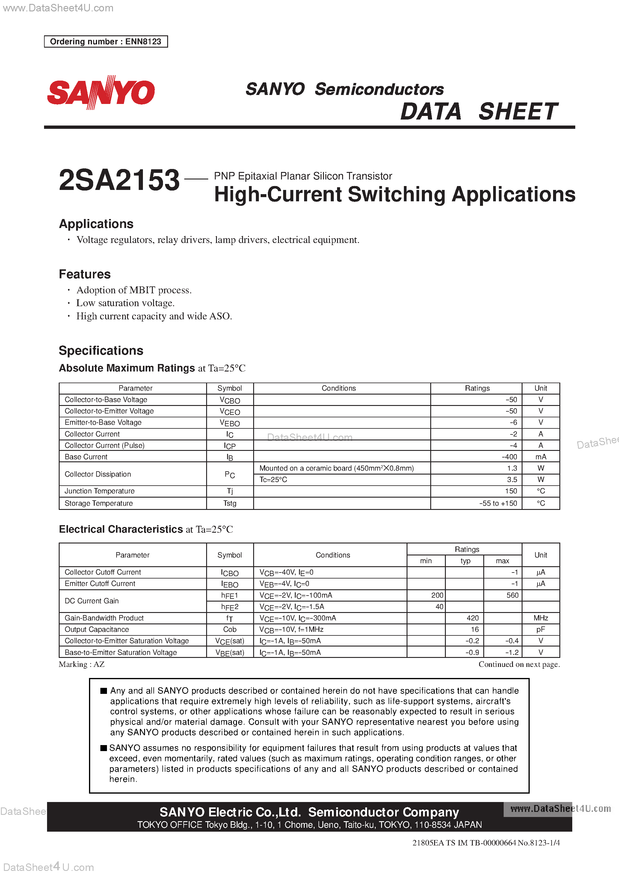 Datasheet 2SA2153 - High Current Switching Applications page 1