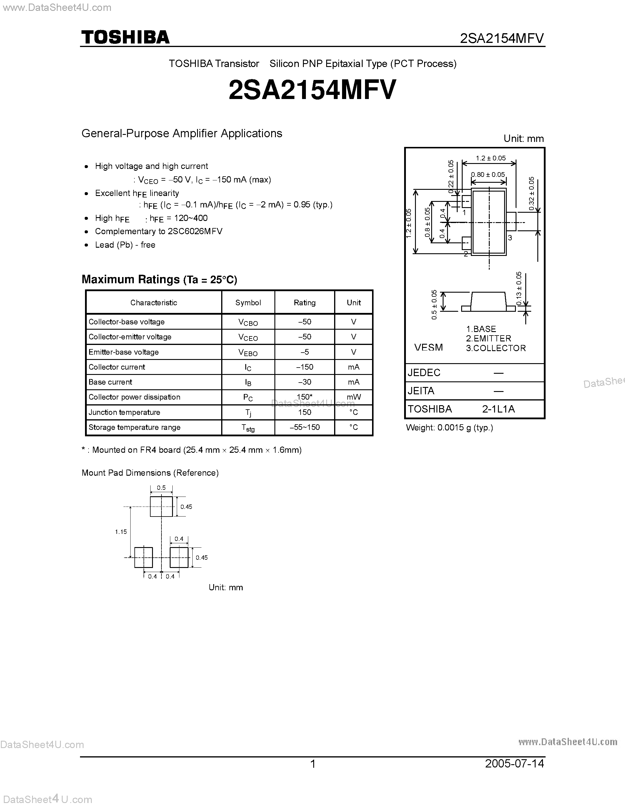 Datasheet 2SA2154MFV - General Purpose Amplifier Applications page 1