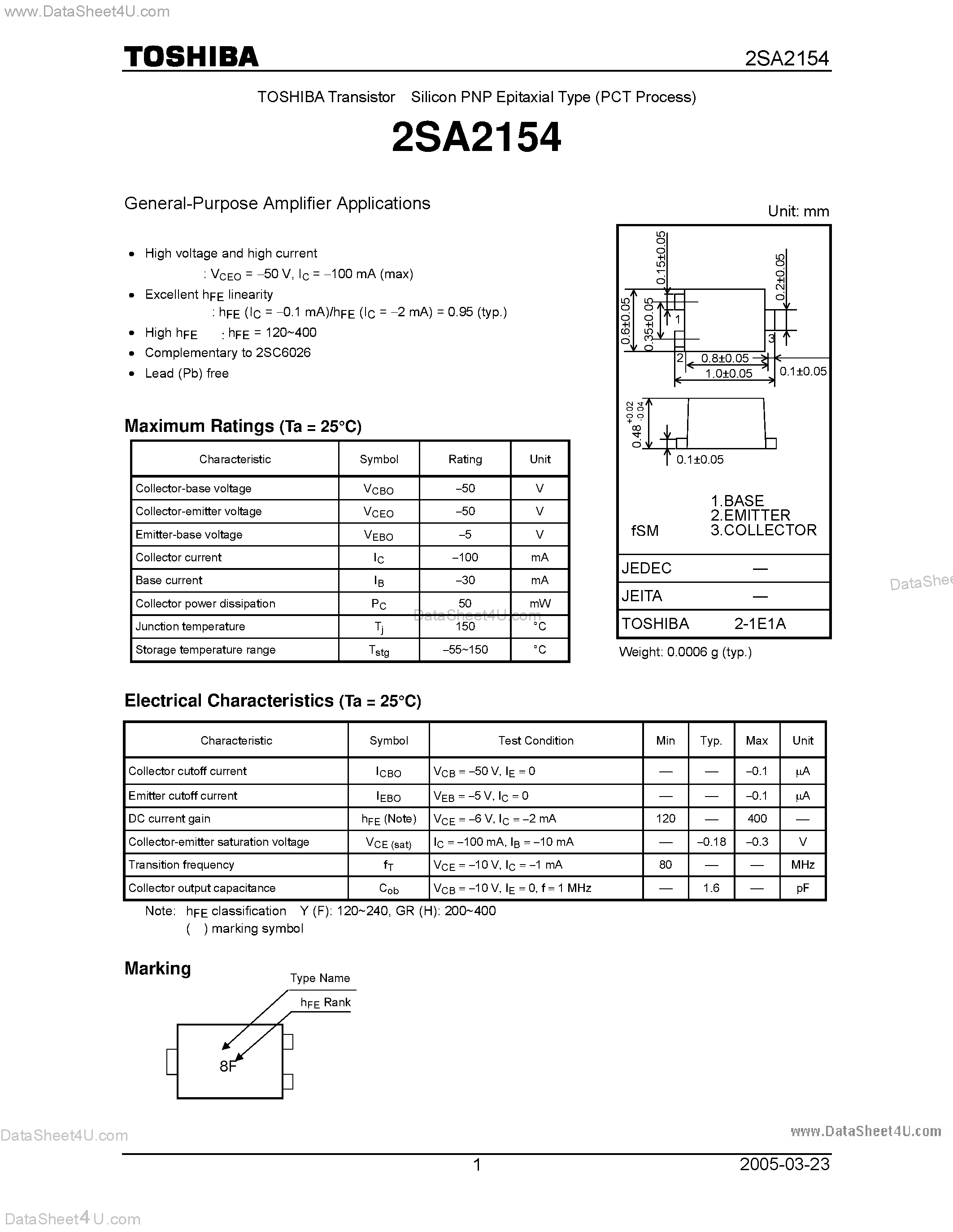 Datasheet 2SA2154 - General Purpose Amplifier Applications page 1