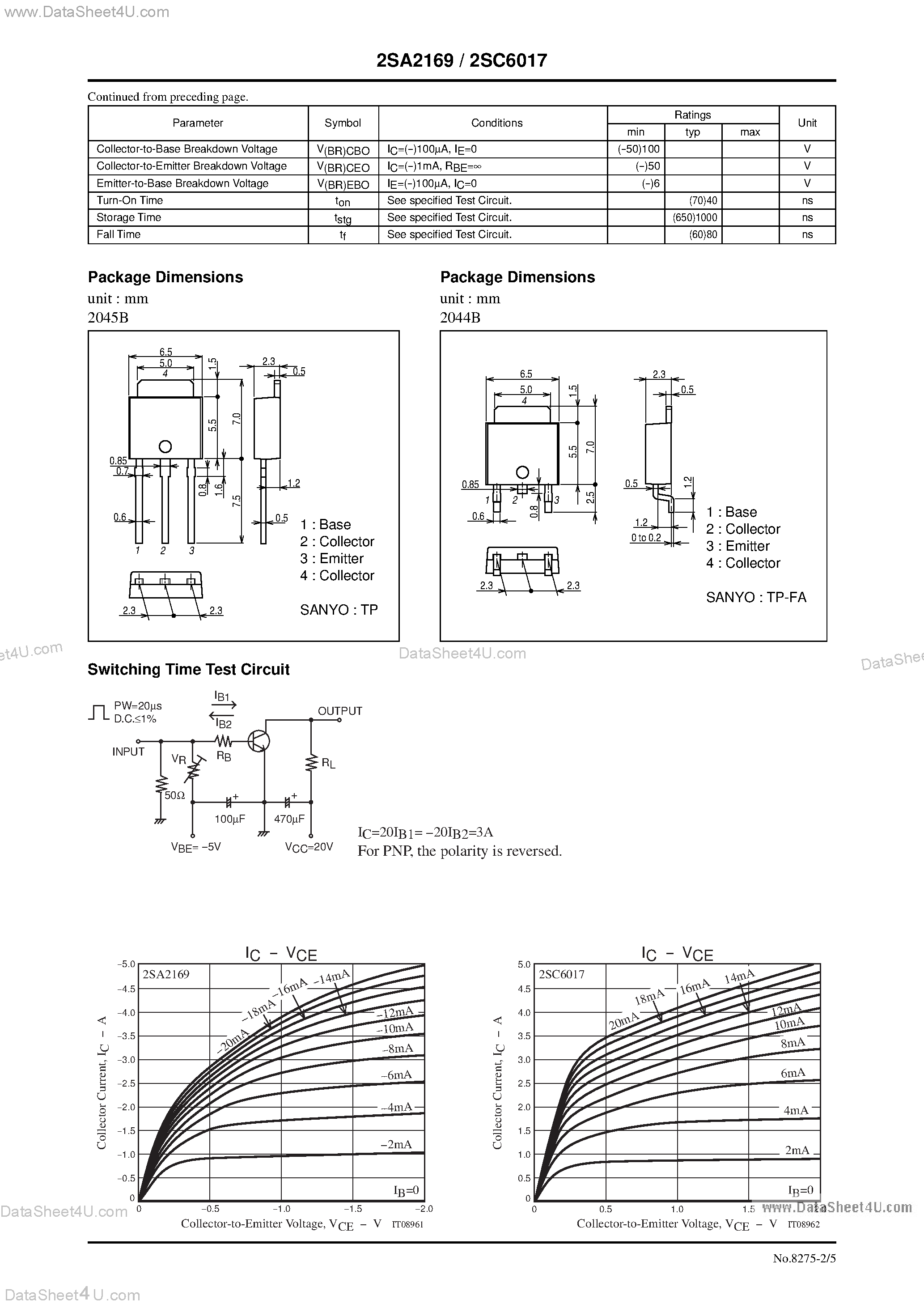 Даташит 2SC6017 - PNP / NPN Epitaxial Planar Silicon Transistors High-Current Switching Applications страница 2