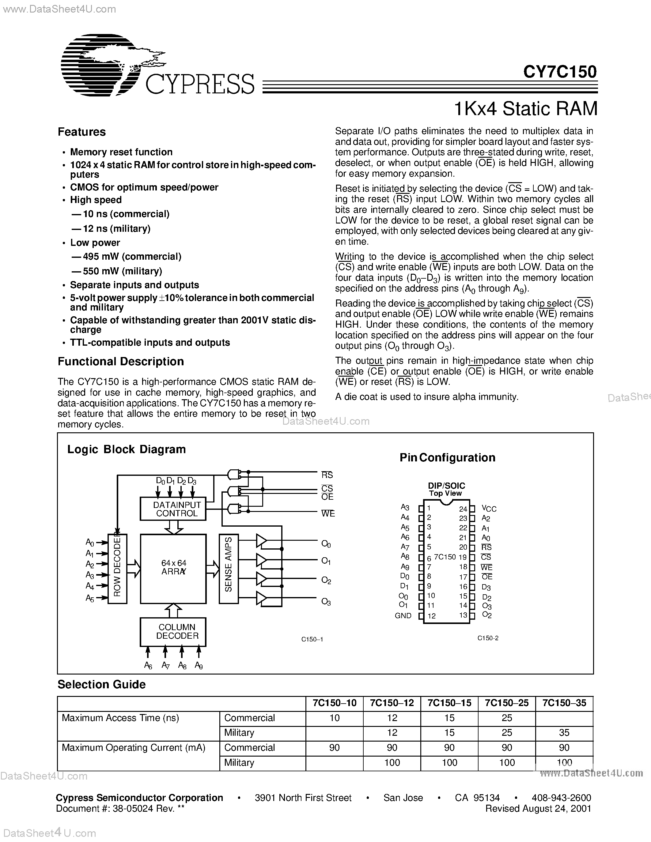 Даташит на микросхему CY7C150 страница 1 Даташит CY7C150 - 1Kx4 Static RAM страница 1