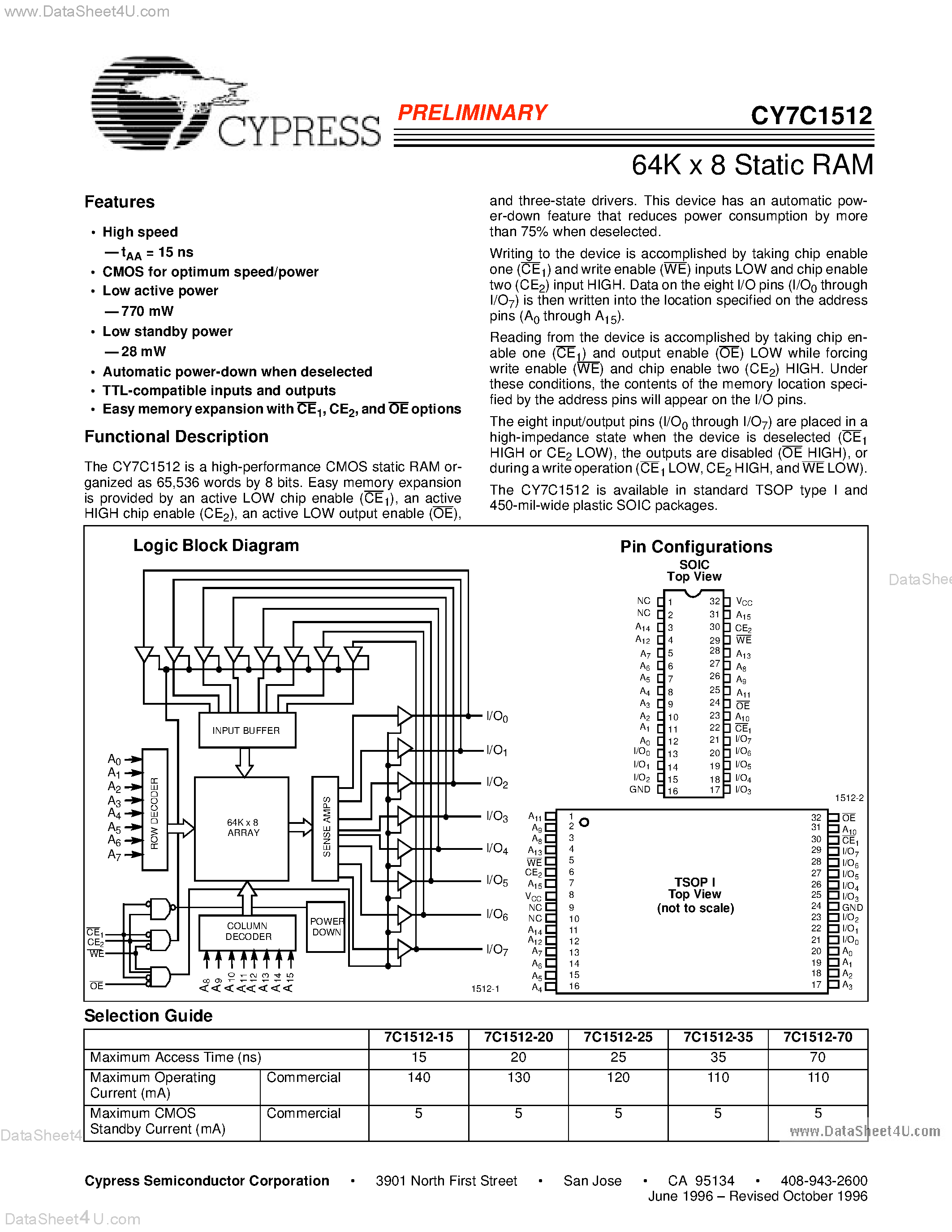 Даташит на микросхему CY7C1512 страница 1 Даташит CY7C1512 - 64K x 8 Static RAM страница 1