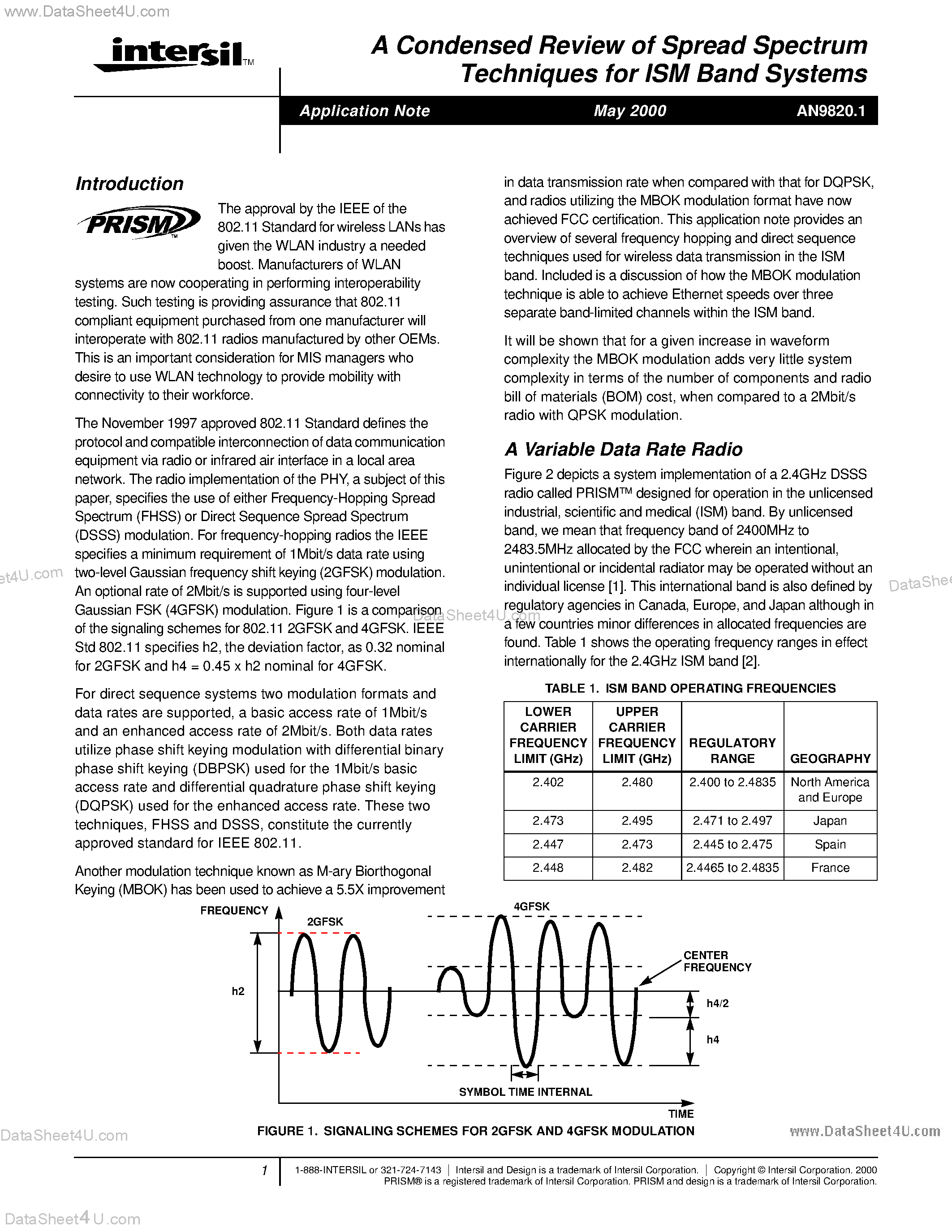 Datasheet AN9820.1 - A Condensed Review of Spread Spectrum Techniques for ISM Band Systems page 2