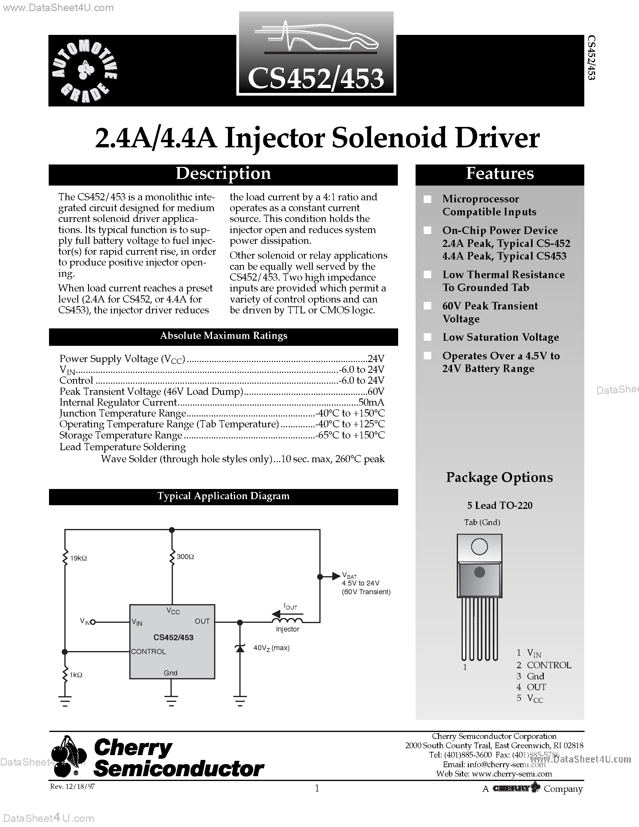 Datasheet CS452 - (CS452 / CS453) 2.4A/4.4A Injector Solenoid Driver page 1
