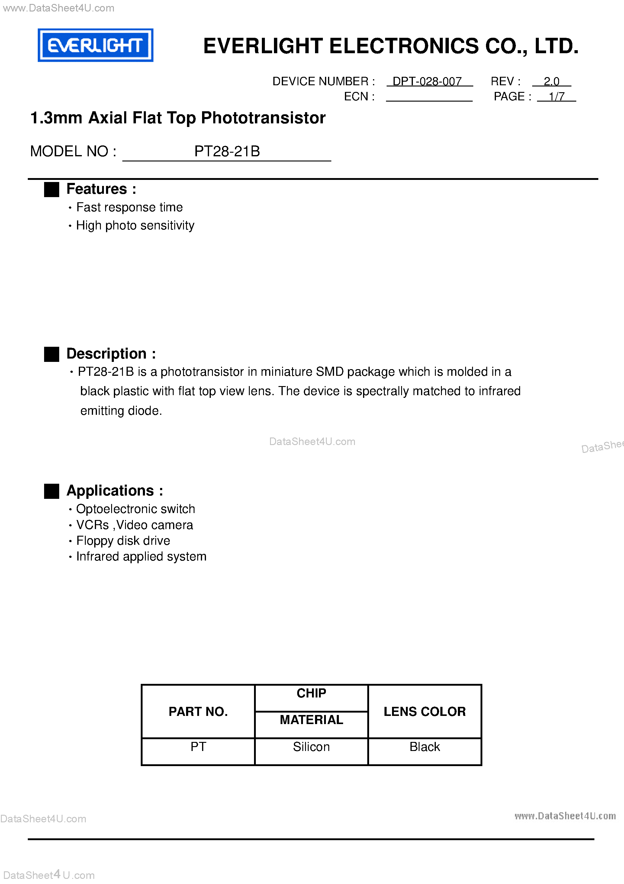 Datasheet PT28-21B - 1.3mm Axial Flat Top Phototransistor page 1