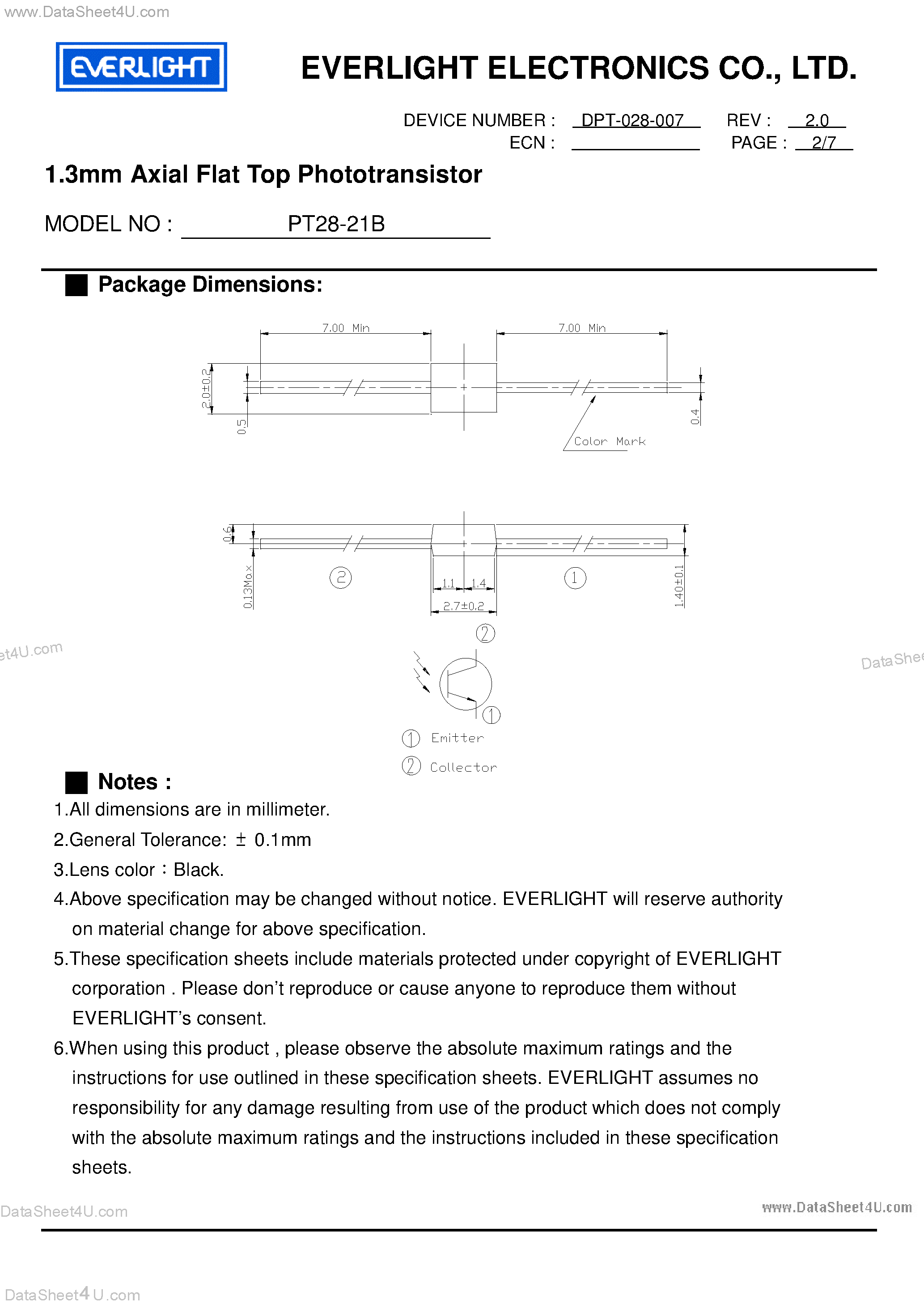 Datasheet PT28-21B - 1.3mm Axial Flat Top Phototransistor page 2