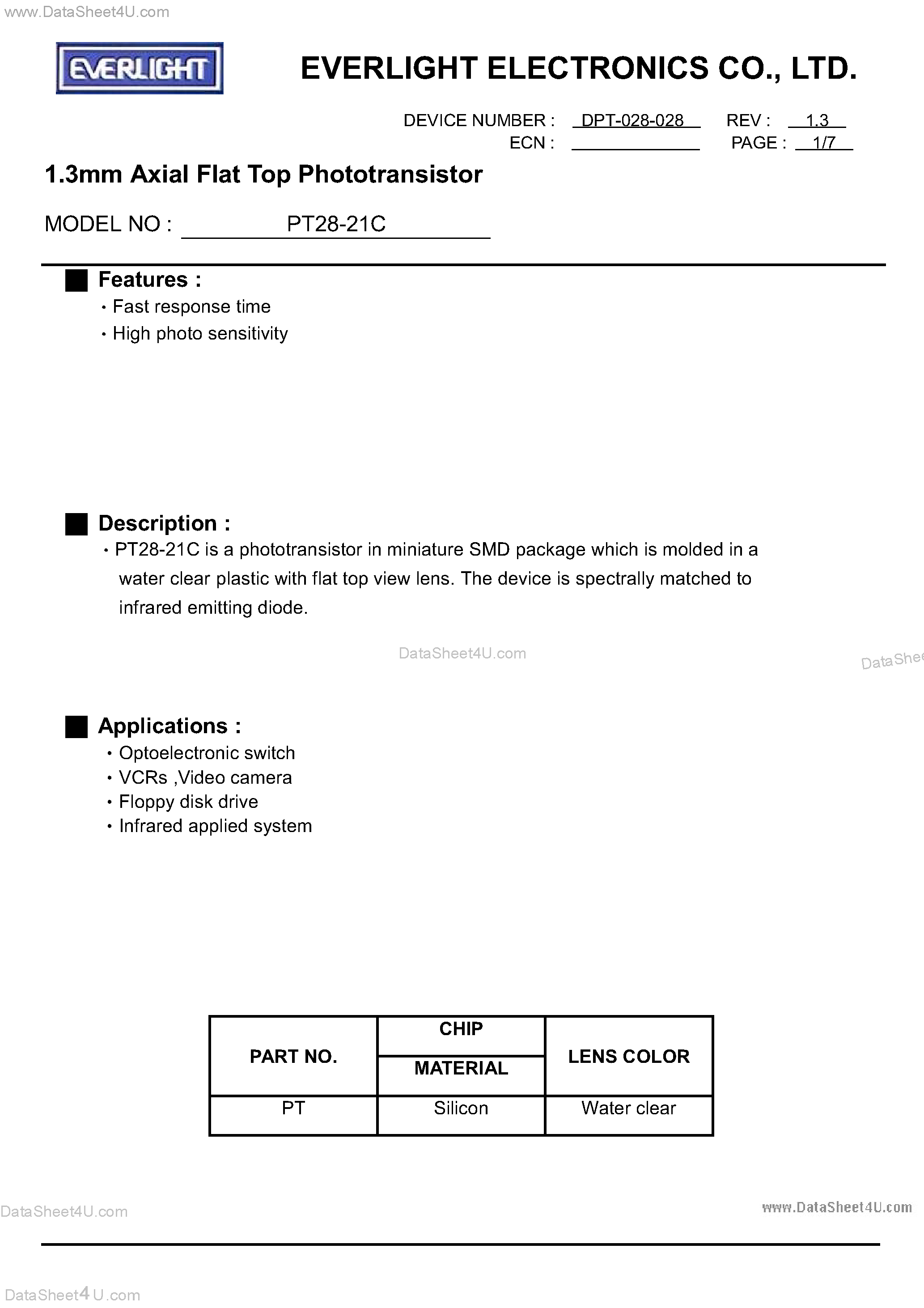 Datasheet PT28-21C - 1.3mm Axial Flat Top Phototransistor page 1
