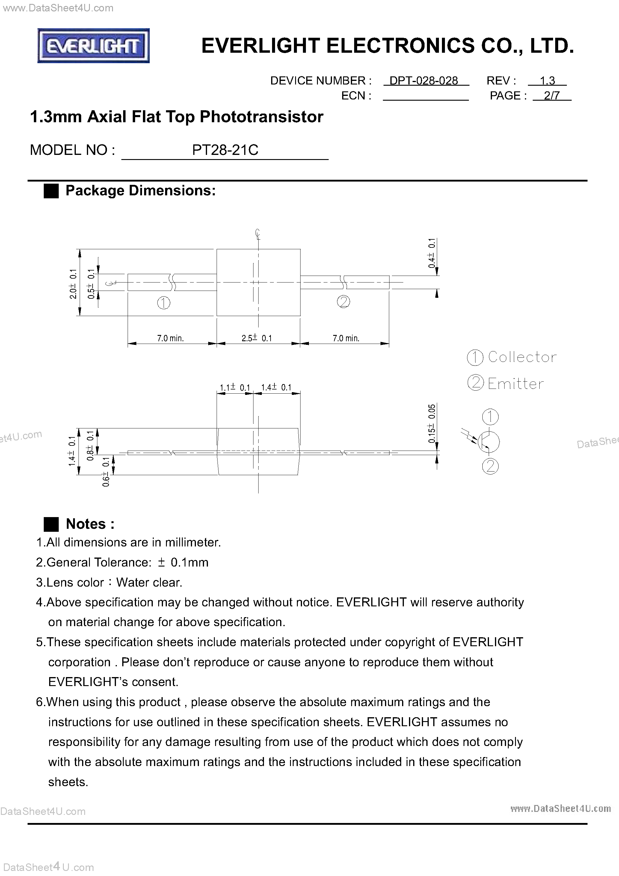 Datasheet PT28-21C - 1.3mm Axial Flat Top Phototransistor page 2