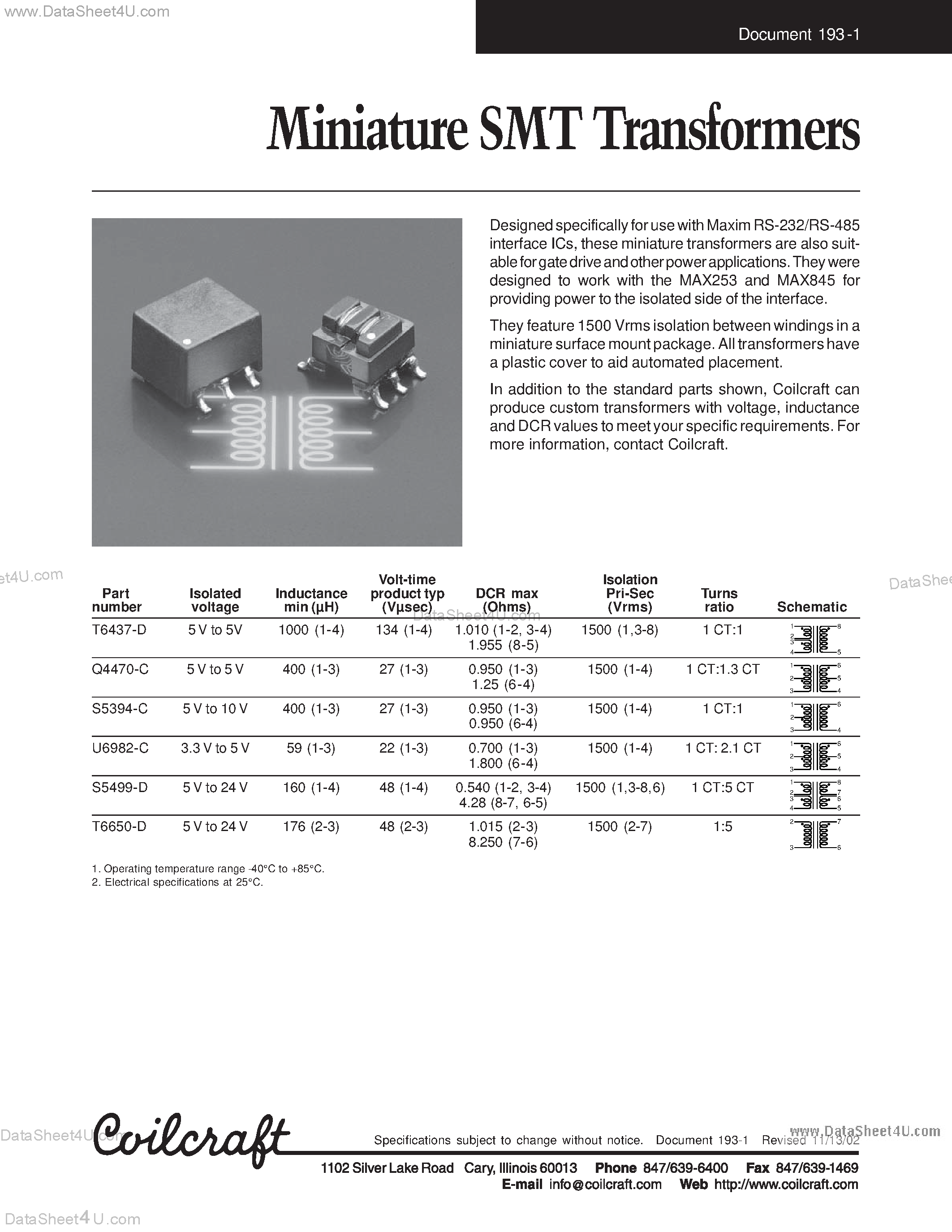 Datasheet Q4470-C page 2 Datasheet Q4470-C - Miniature SMT Transformer page 2