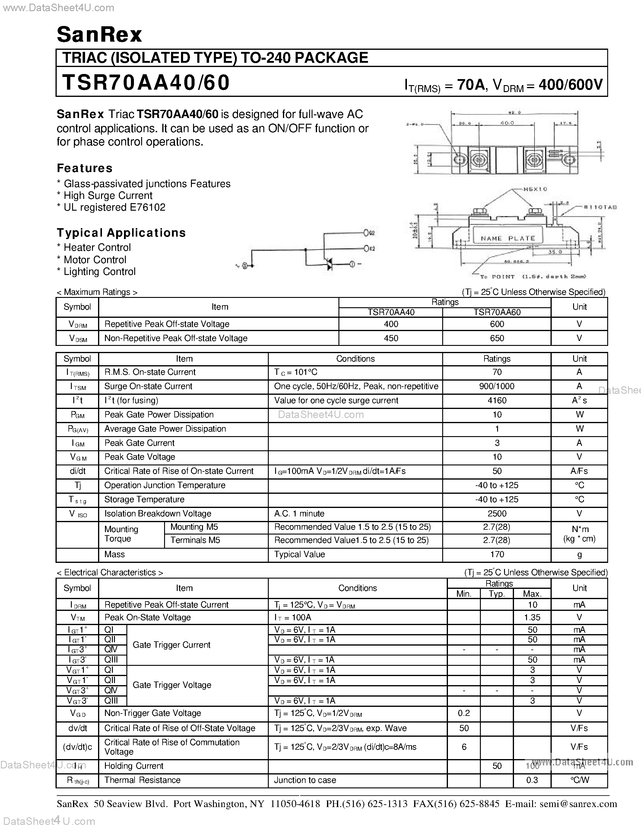 Datasheet TSR70AA40 - (TSR70AA40/60) TRIAC (ISOLATED TYPE) TO-240 PACKAGE page 1