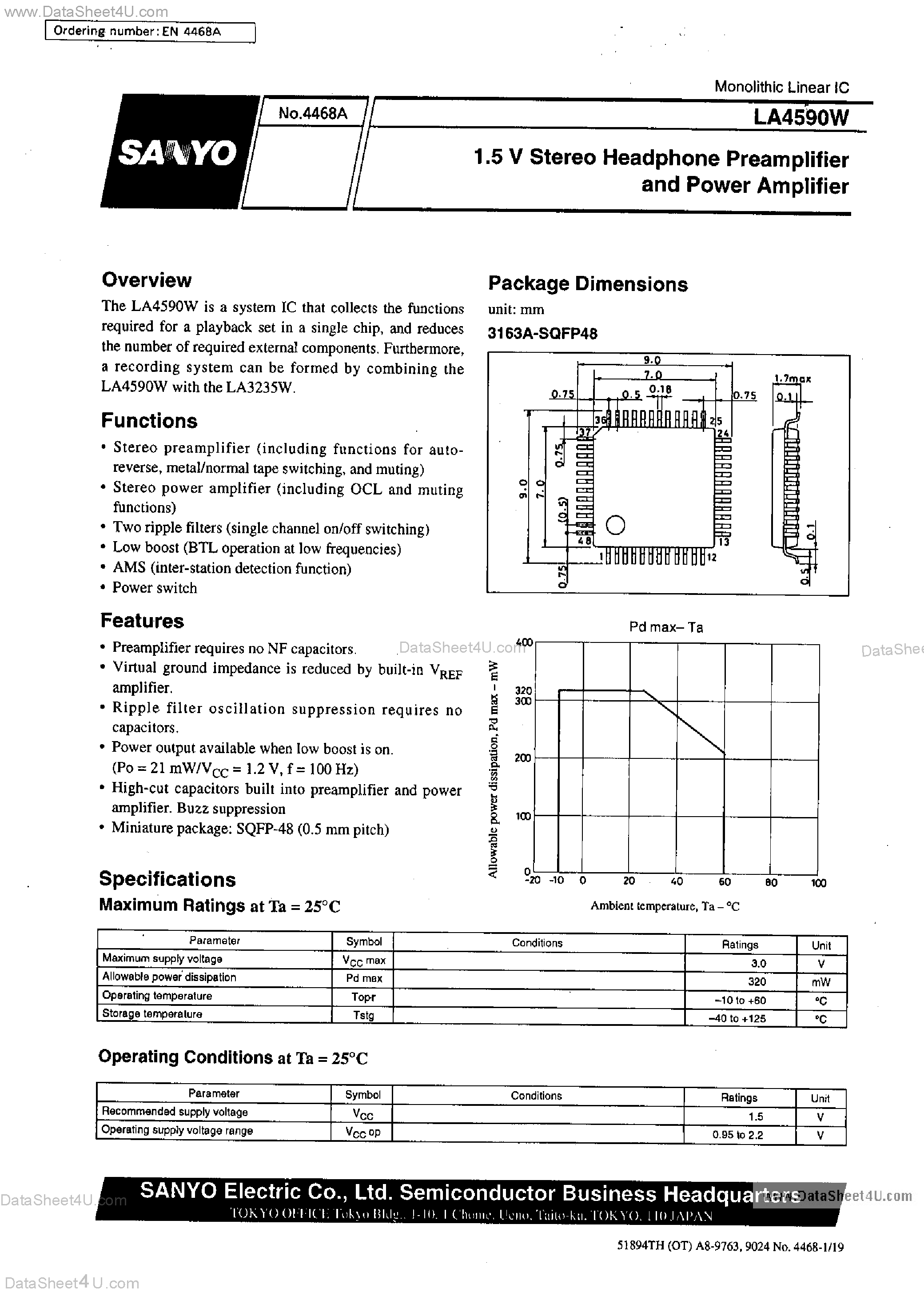 Даташит LA4590W - 1.5V Stereo Headphone Preamplifier and Power Amplifier страница 1