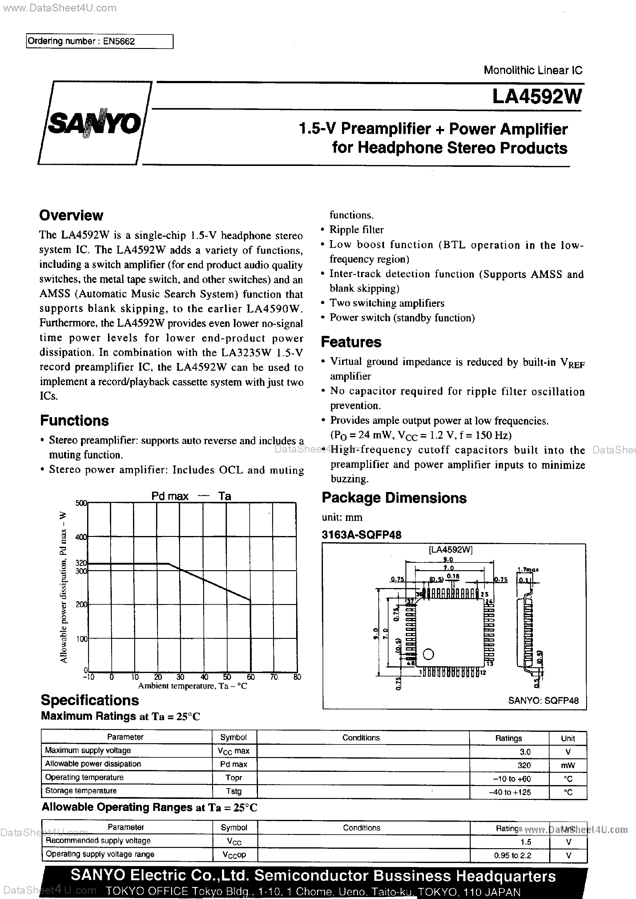Даташит на микросхему LA4592W страница 1 Даташит LA4592W - 1.5V Preamplifier and Power Amplifier страница 1