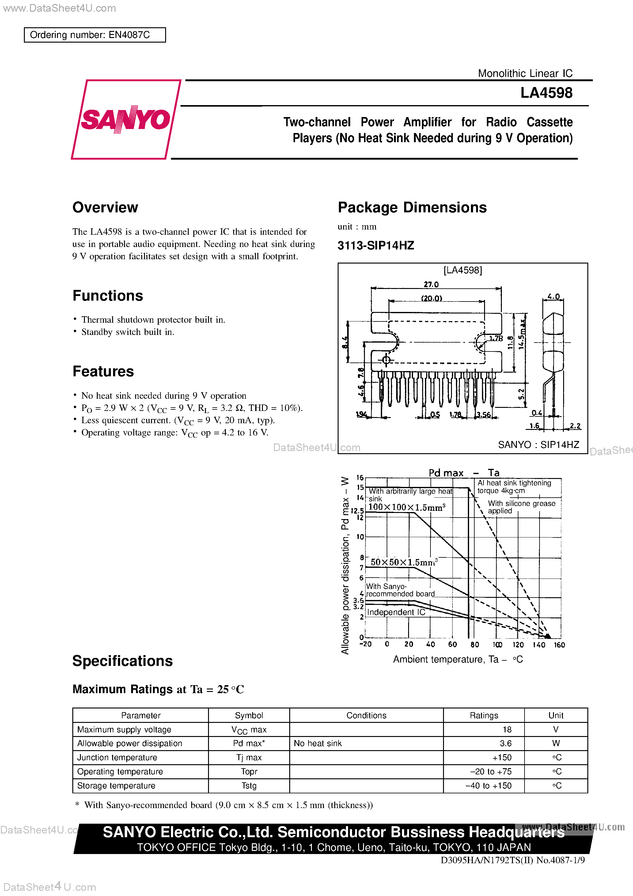 Datasheet LA4598 page 1 Datasheet LA4598 - 2-Channel Power Amplifier page 1
