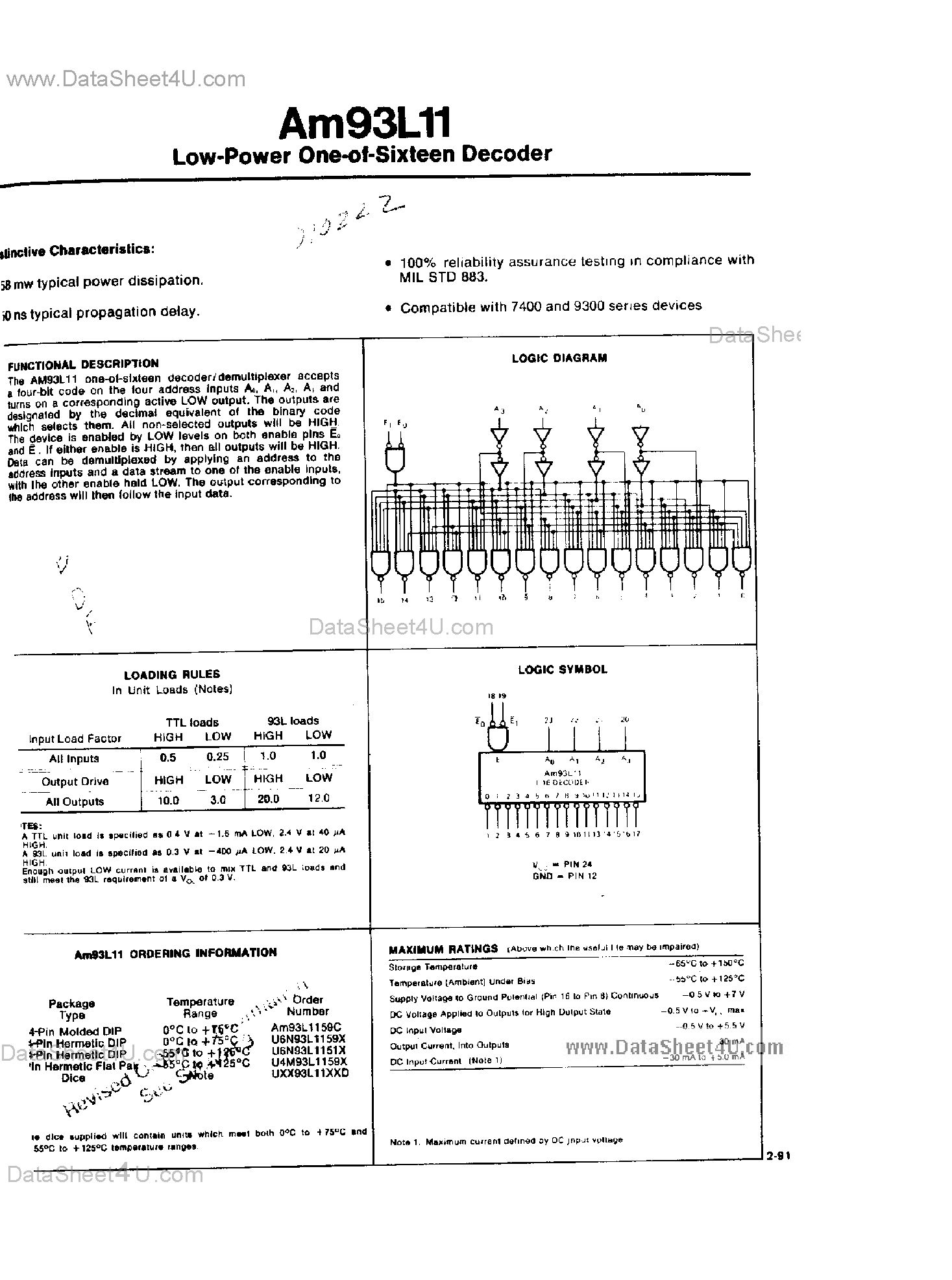 Даташит на микросхему AM93L11 страница 1 Даташит AM93L11 - Low Power 1 of 16 Decoder страница 1