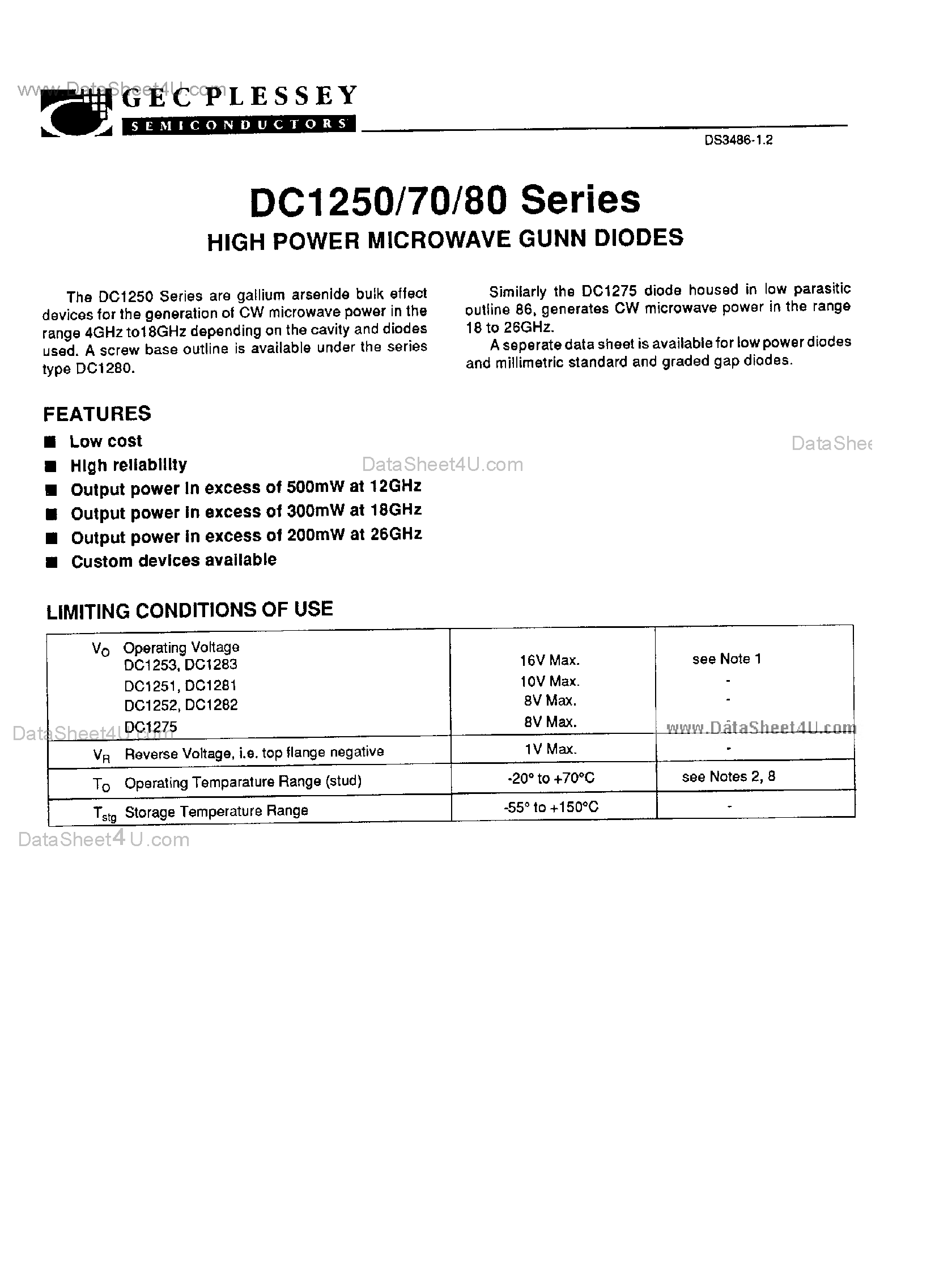 Даташит на микросхему DC1251 страница 1 Даташит DC1251 - (DC1250/70/80 Series) High Power Microwave Gunn Diodes страница 1