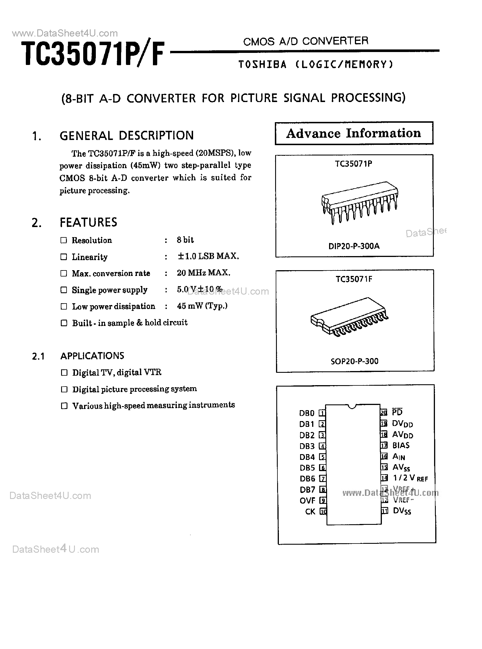 Datasheet TC35071F page 1 Datasheet TC35071F - 8-Bit A/D Converter page 1