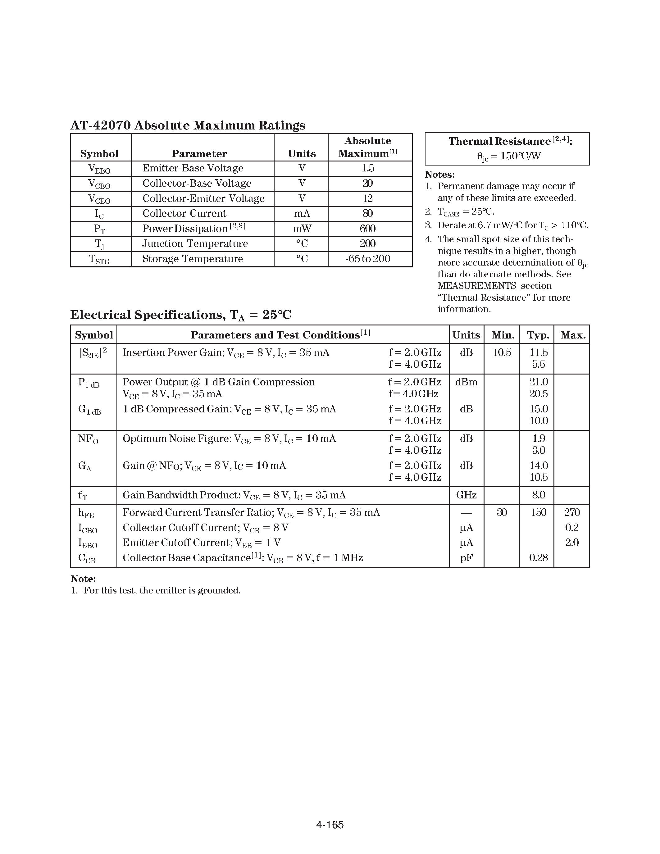 Datasheet AT42070 - Up to 6 GHz Medium Power Silicon Bipolar Transistor page 2