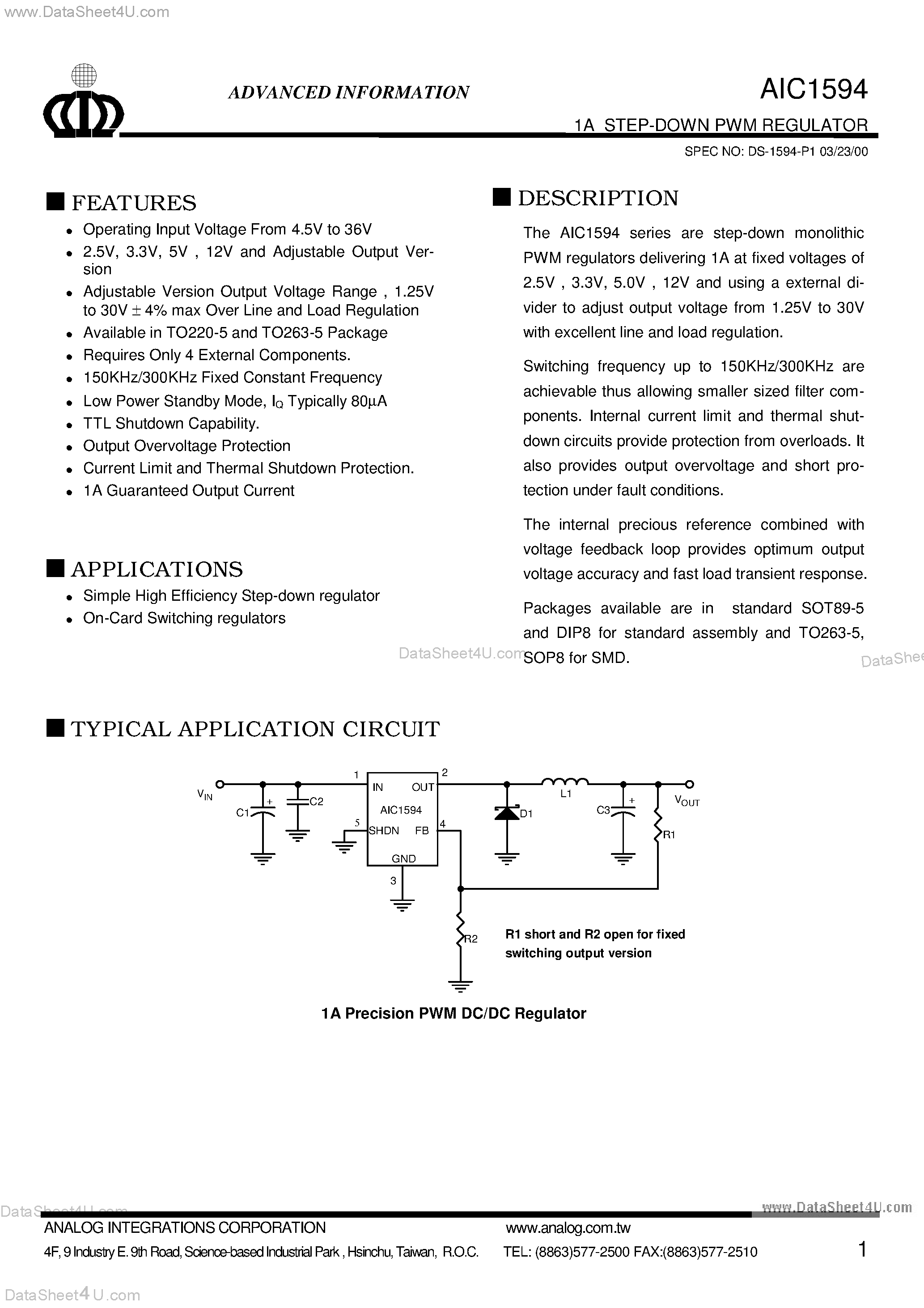 Даташит на микросхему AIC1594 страница 1 Даташит AIC1594 - 1A STEP-DOWN PWM REGULATOR страница 1