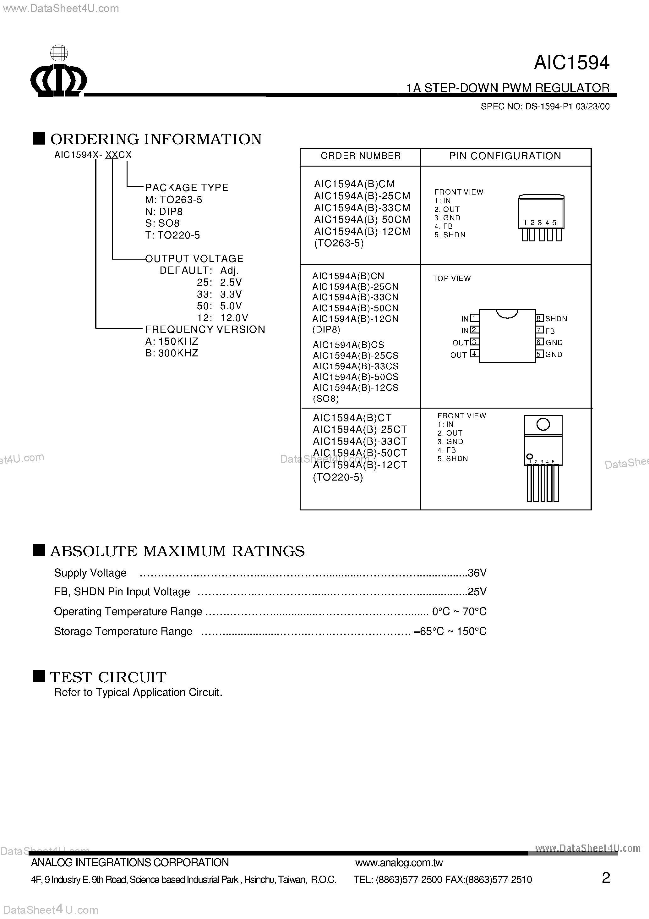 Даташит на микросхему AIC1594 страница 2 Даташит AIC1594 - 1A STEP-DOWN PWM REGULATOR страница 2